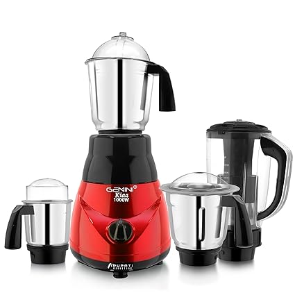 Gemini New Model Traditional KIAA 1000-Watts Mixer Grinder with 100% Copper Motor with 3 Heavy Aluminium base Stainless Steel Jars and 1 ABS Juicer Jar 4R(Dry Jar, Chutney Jar, Liquid, Juicer Jar) Red-BLack