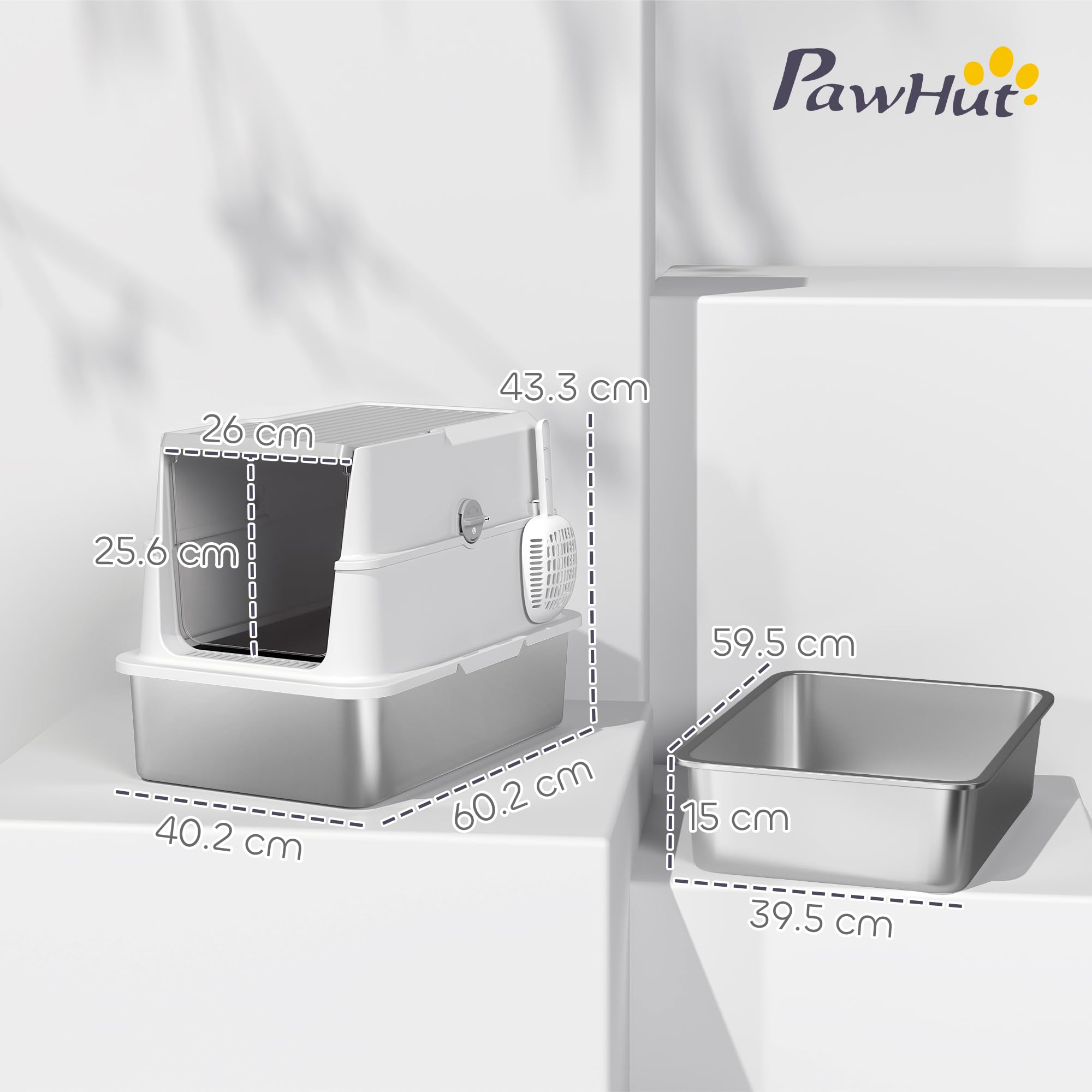 PawHut Lettiera per Gatti XL in Acciaio Inox con Coperchio Grigio Chiaro | Lettiera Chiusa, per Gatti Grandi, con Paletta, Coperchio Ribaltabile, Deodorante