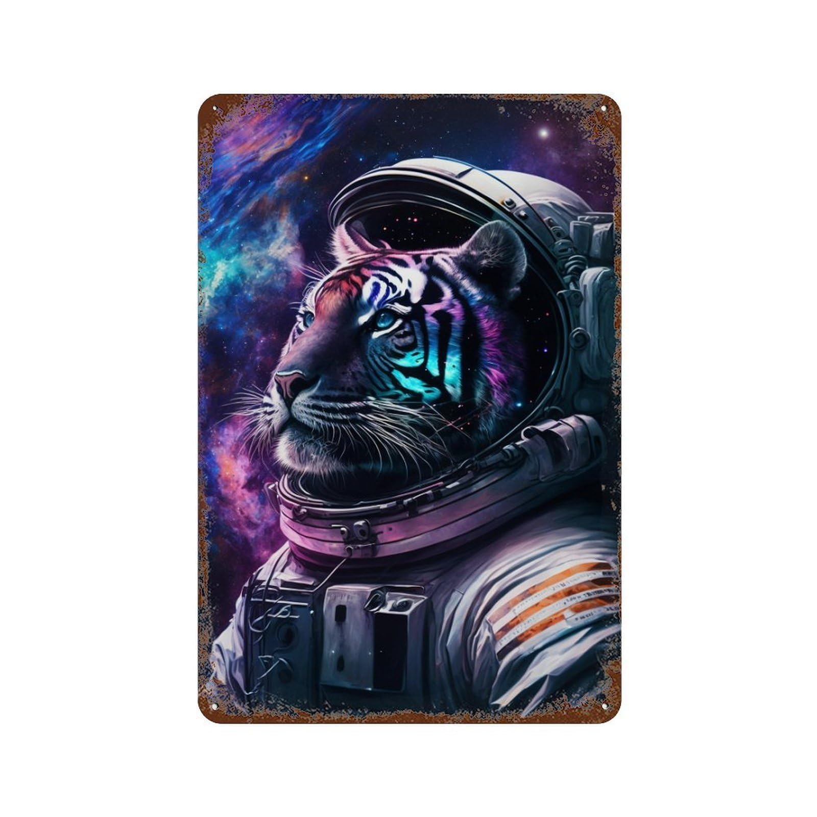 Cosmic Tiger Astronaut Rust Effect Tin Sign 11.8"x7.9", Retro Wall Decor for Pub, Kitchen And Man Cave Decor