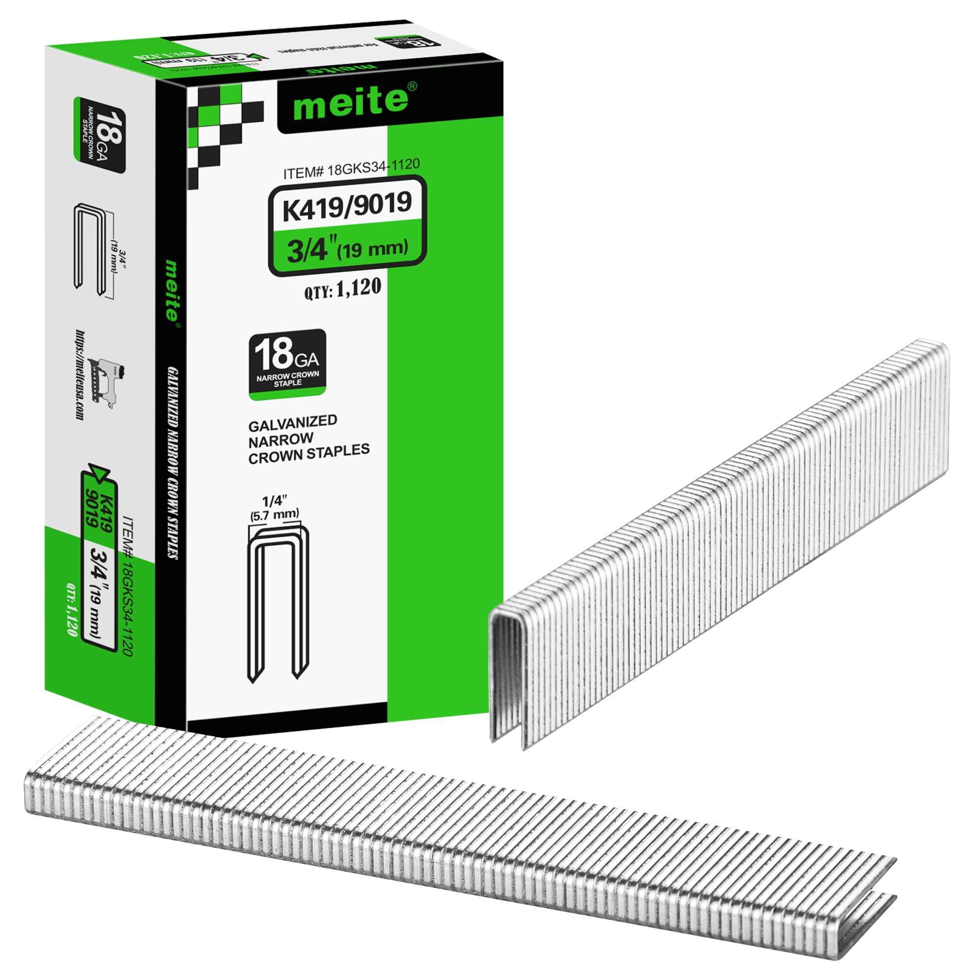 meite Type 90/19 mm 18 Gauge Galvanised Narrow Crown Staples 1,120 Pcs