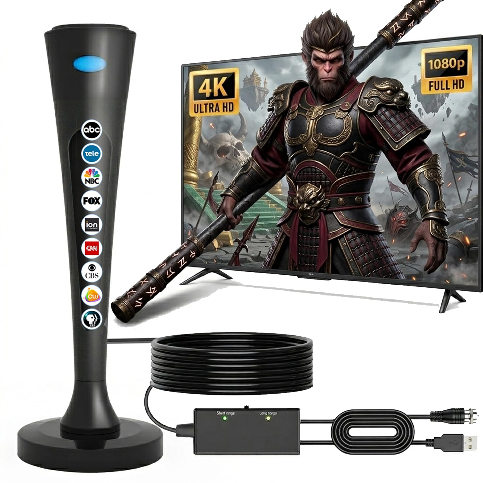 Antena de TV interior mejorada 2026 para Smart TV, recepción de 360°, antena digital con base magnética y amplificador de señal, soporta canales locales libres 4K HD, fácil configuración para