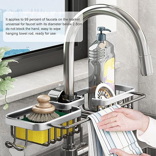 Miniatura 4 de Estante de almacenamiento para grifo, organizador de aluminio, plástico, dos contenedores con barra de toalla para esponja trapo, cocina, baño, plata