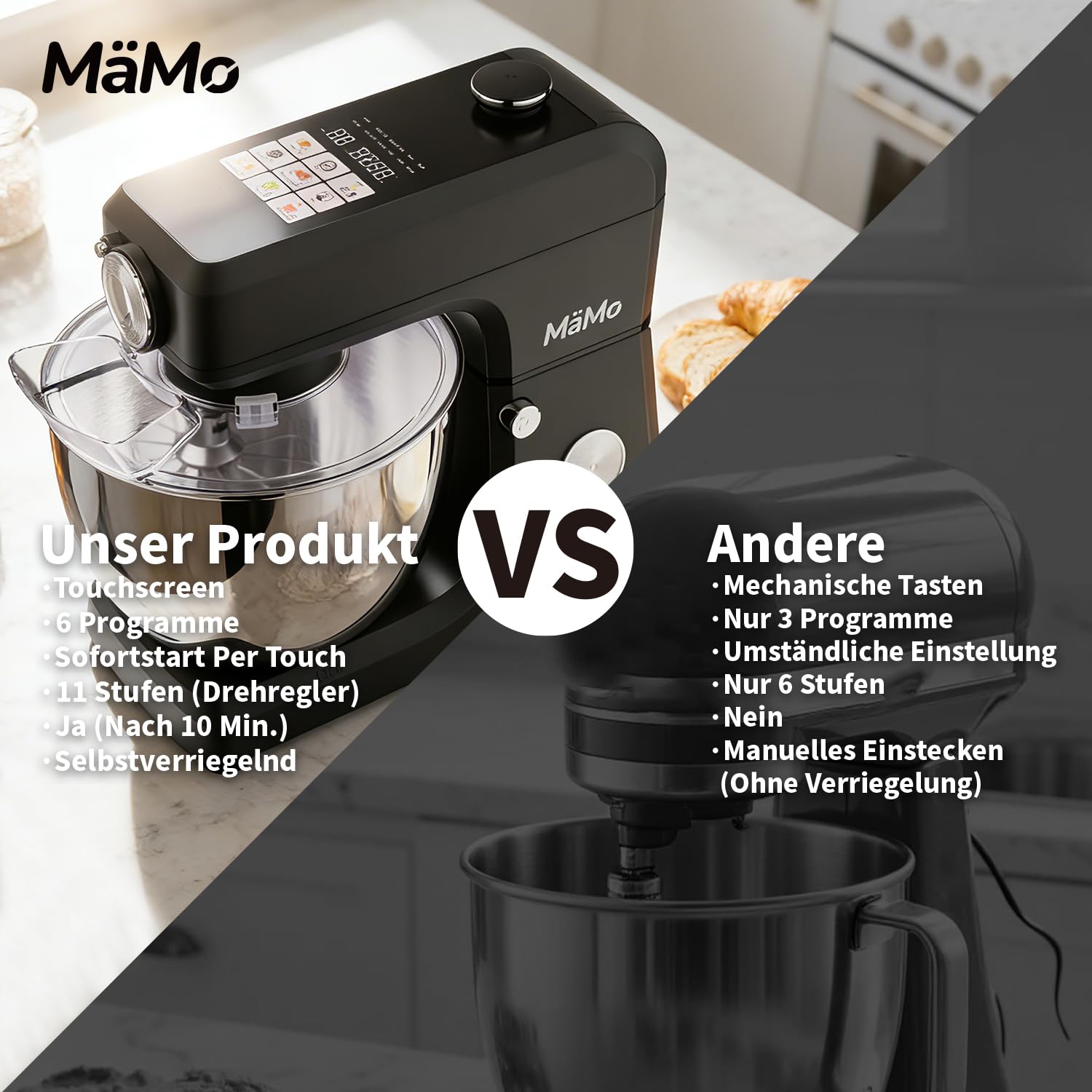 1900W Küchenmaschine, 8L Teigmaschine mit LED-Touchscreen | Rührgerät & Mixer mit 11 Stufen, 6 Programmen & 3-tlg. Patisserie-Set. Ideal für Teig, Sahne & Fleisch.