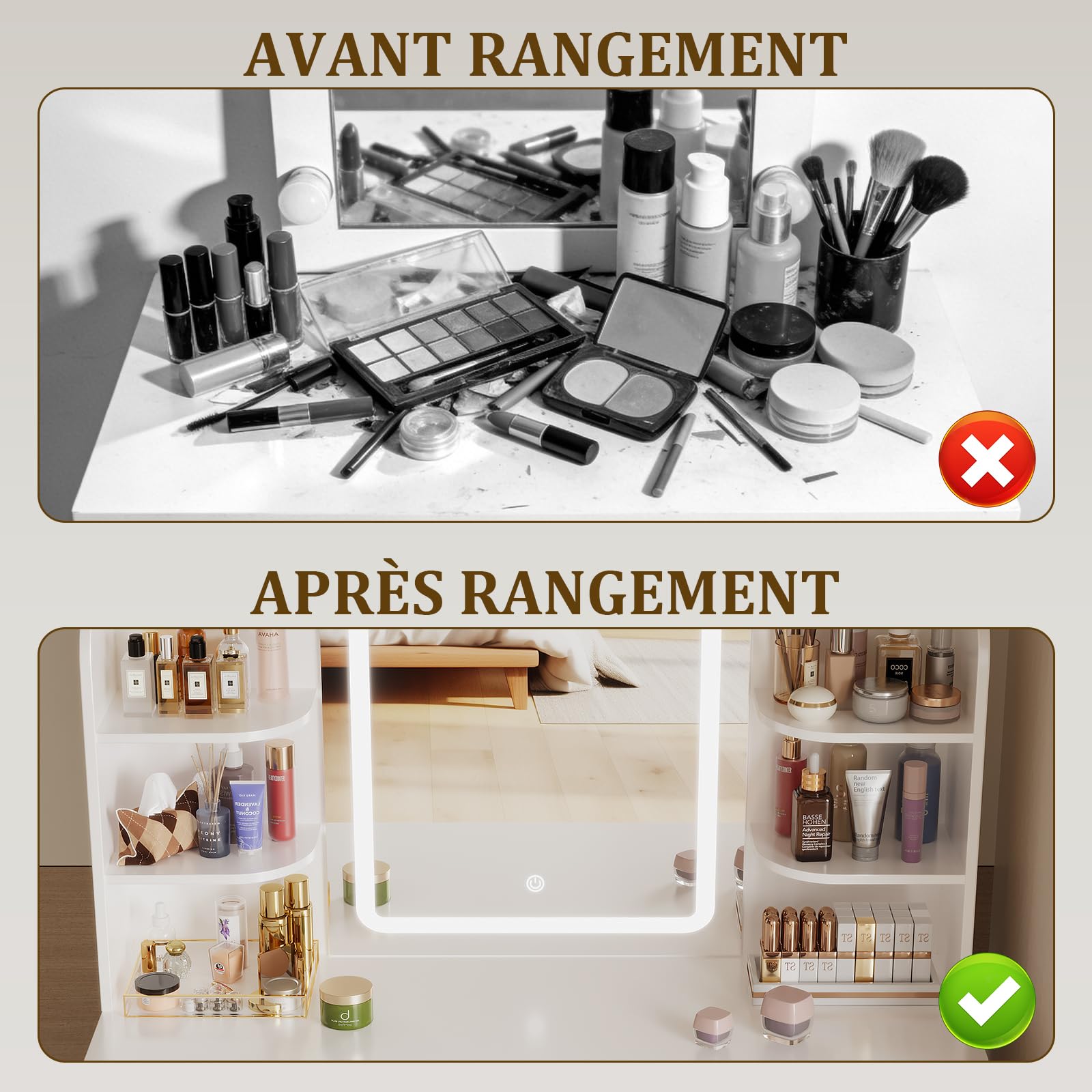 Airfish Coiffeuse avec Miroir et LED, Table de Maquillage avec 3 Étagères et 2 Tiroirs, Coiffeuse avec Grand Tiroir et Armoire, Lumière LED Réglable (Blanc)