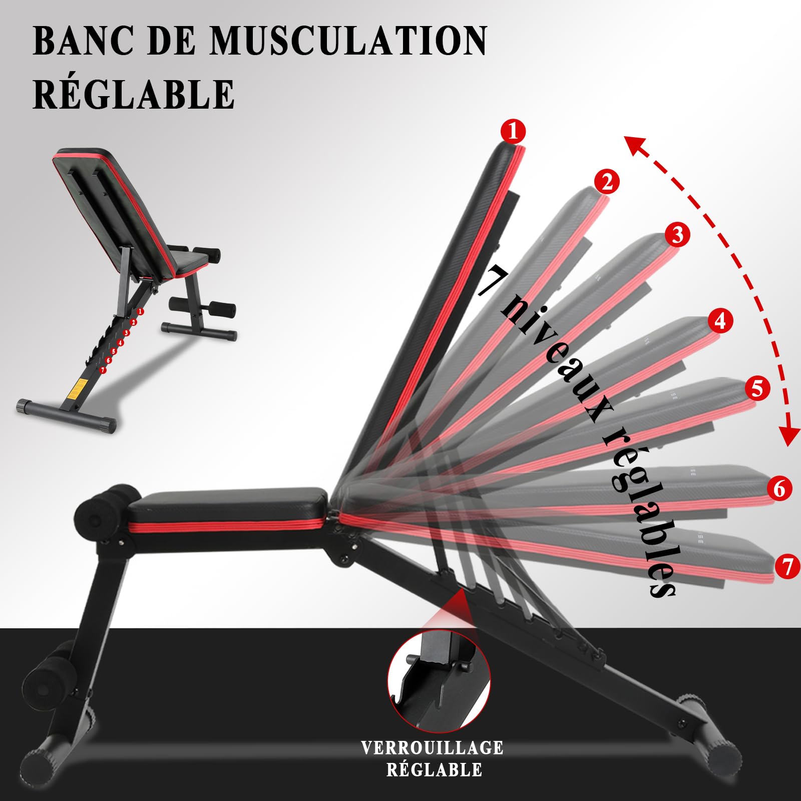ISE Banc Musculation Pliable/Banc Musculation Plat Pliable, Banc Abdominaux Multifonction, Banc de Musculation Inclinable, Banc Fitness Abdos Réglable 7 Positions, Banc Inclinable Musculation Homme