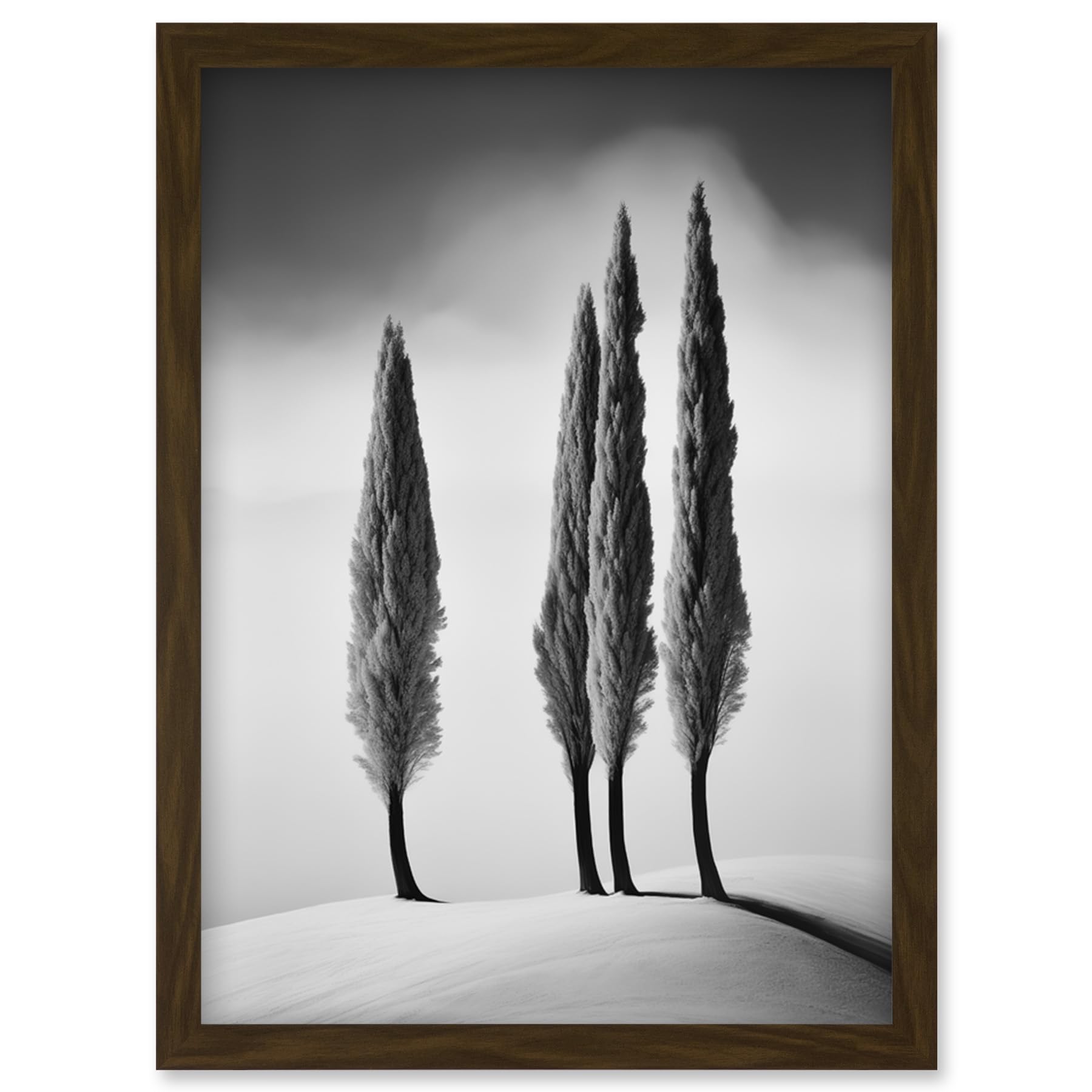 Artery8 Group of Cypress Trees on Snowy Hill Minimalist Black and White Photograph Cypresses in Foggy Winter Landscape Artwork Framed Wall Art Print A4
