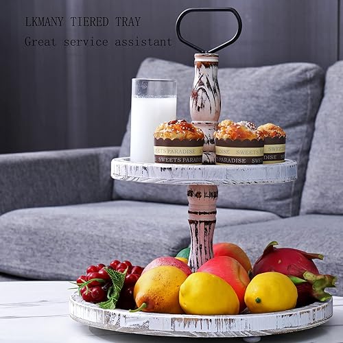 Miniatura 6 de Bandeja escalonada Bandejas de dos niveles Soporte redondo rústico para magdalenas, soporte para servir pasteles con asa para sala de estar, fiesta