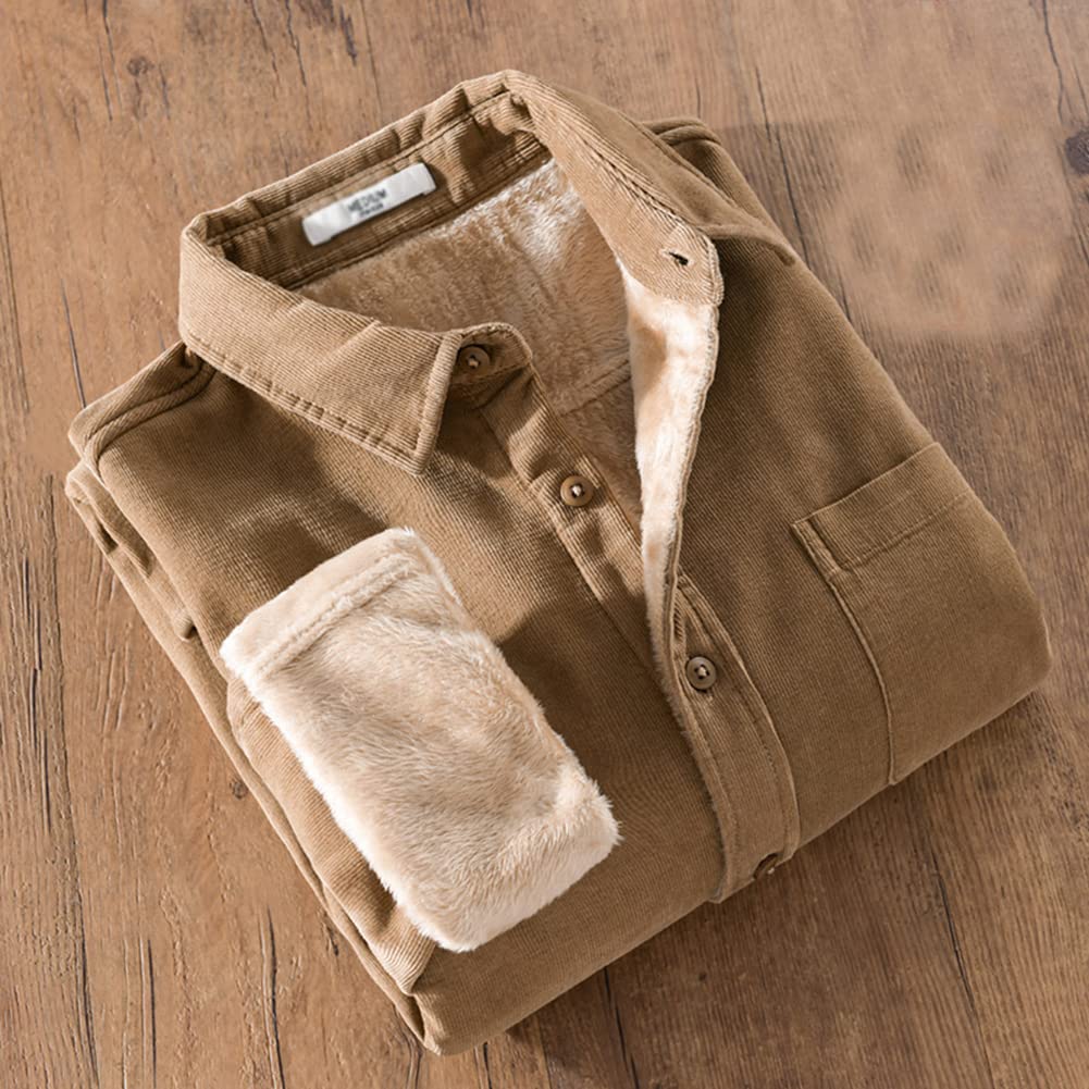 GUOCU Chemise Chaude en Velours Côtelé pour Homme Chemise à manches longues épaissie et Veste Doublée de fourrure Polaire Sherpa Chemise Rembourrée de Couleur unie Chemise en Flanelle d'hiver