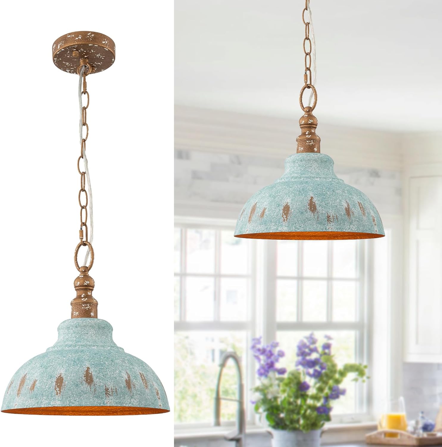 Kitchen Island Pendant Light, 11.3” Golden Pendant Lighting, Teal Farmhouse Pendant Light Fixture for Dining Room, Bar, Hallway, Foyer, Entryway, Bedroom, Adjustable Chain