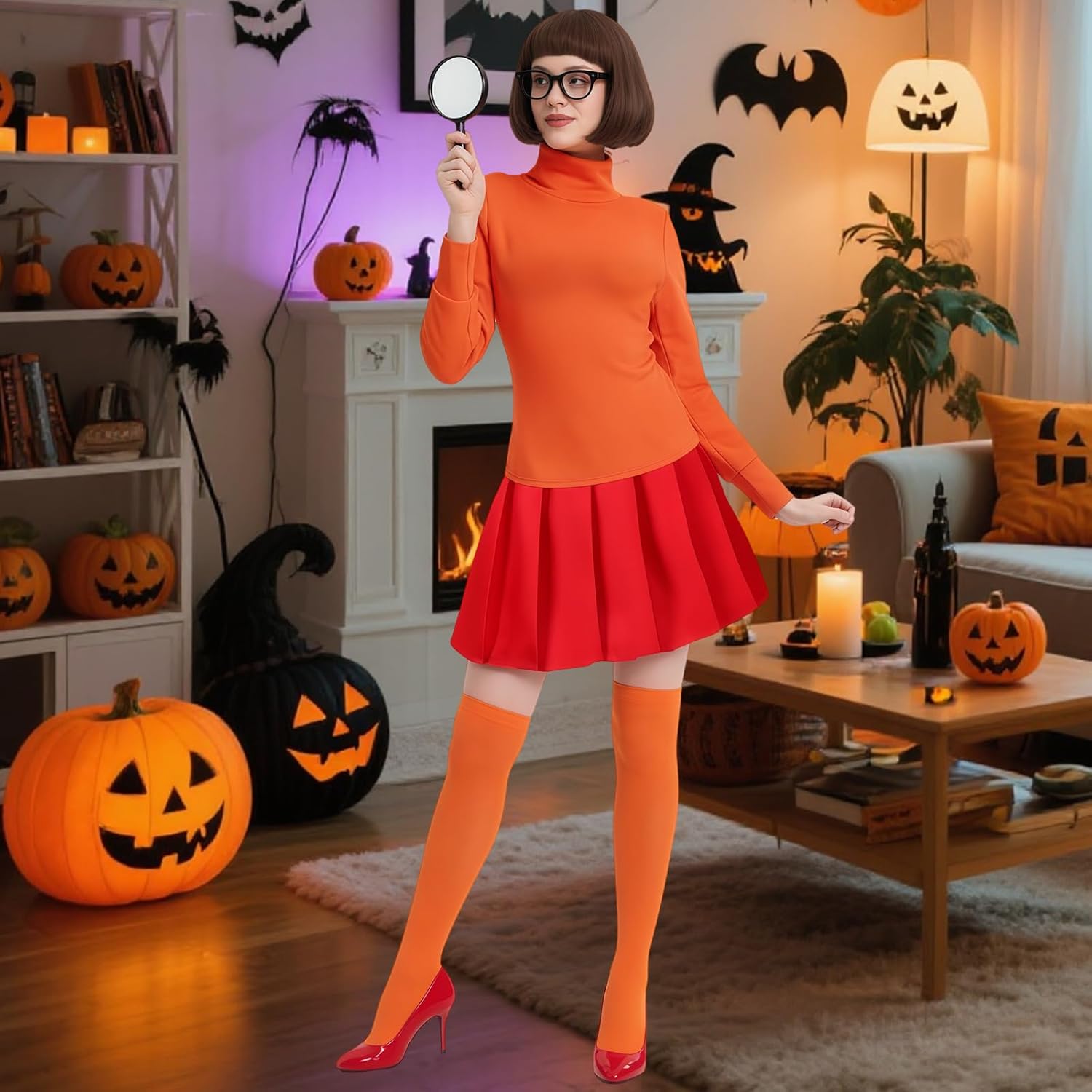Oumbivil Adult Halloween Costumes Set for Women with Shirt Skirt Wig Glasses Socks Accessories for Costume Dress Up