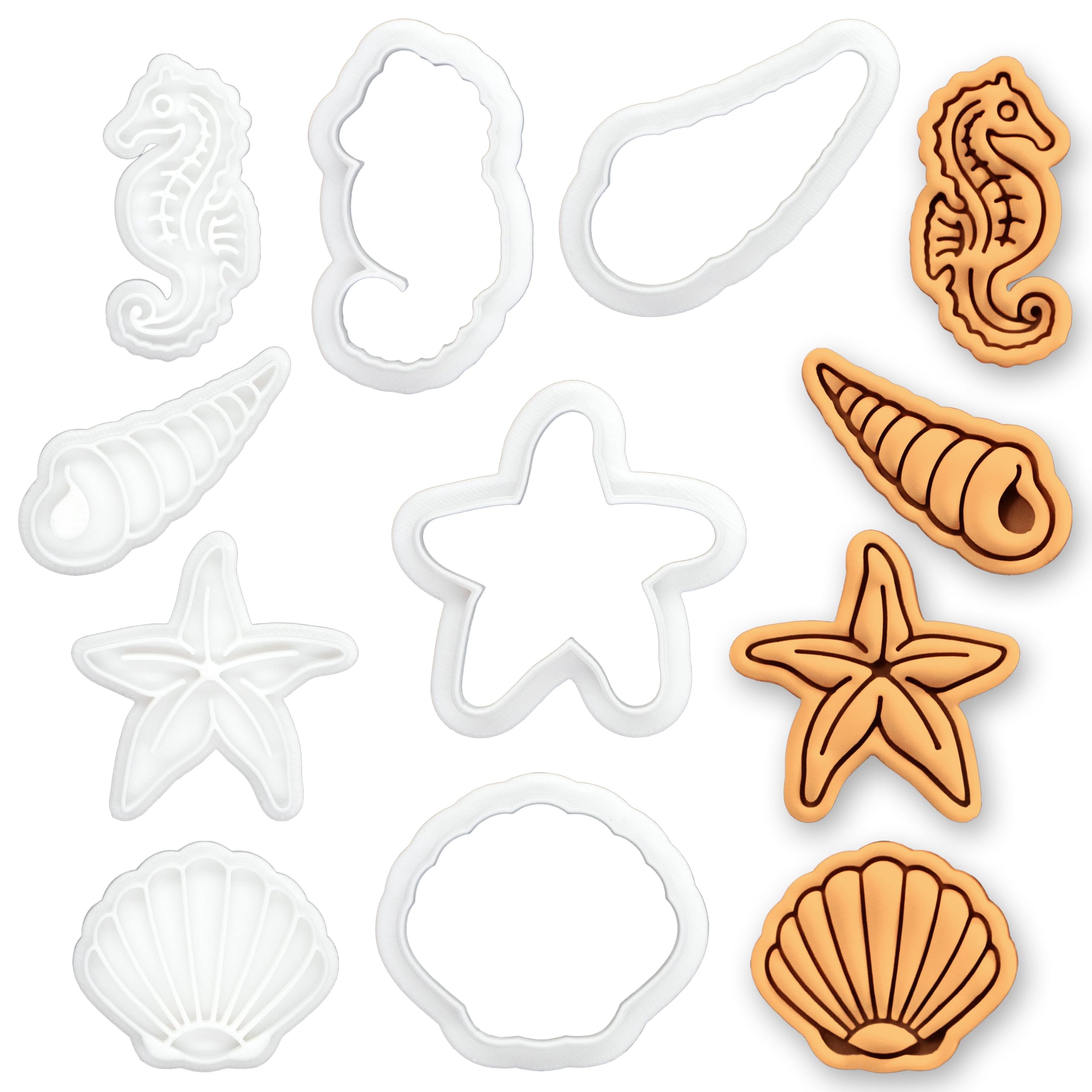 BAKERLOGY Lot de 4 Hippocampe, Coquillage, Étoile de Mer & Coquillage Turritelle Mini Emporte-pièces & Tampons – Embosseurs Marins pour Pâte à Sucre, Biscuits, Cupcakes & Fête Sirène