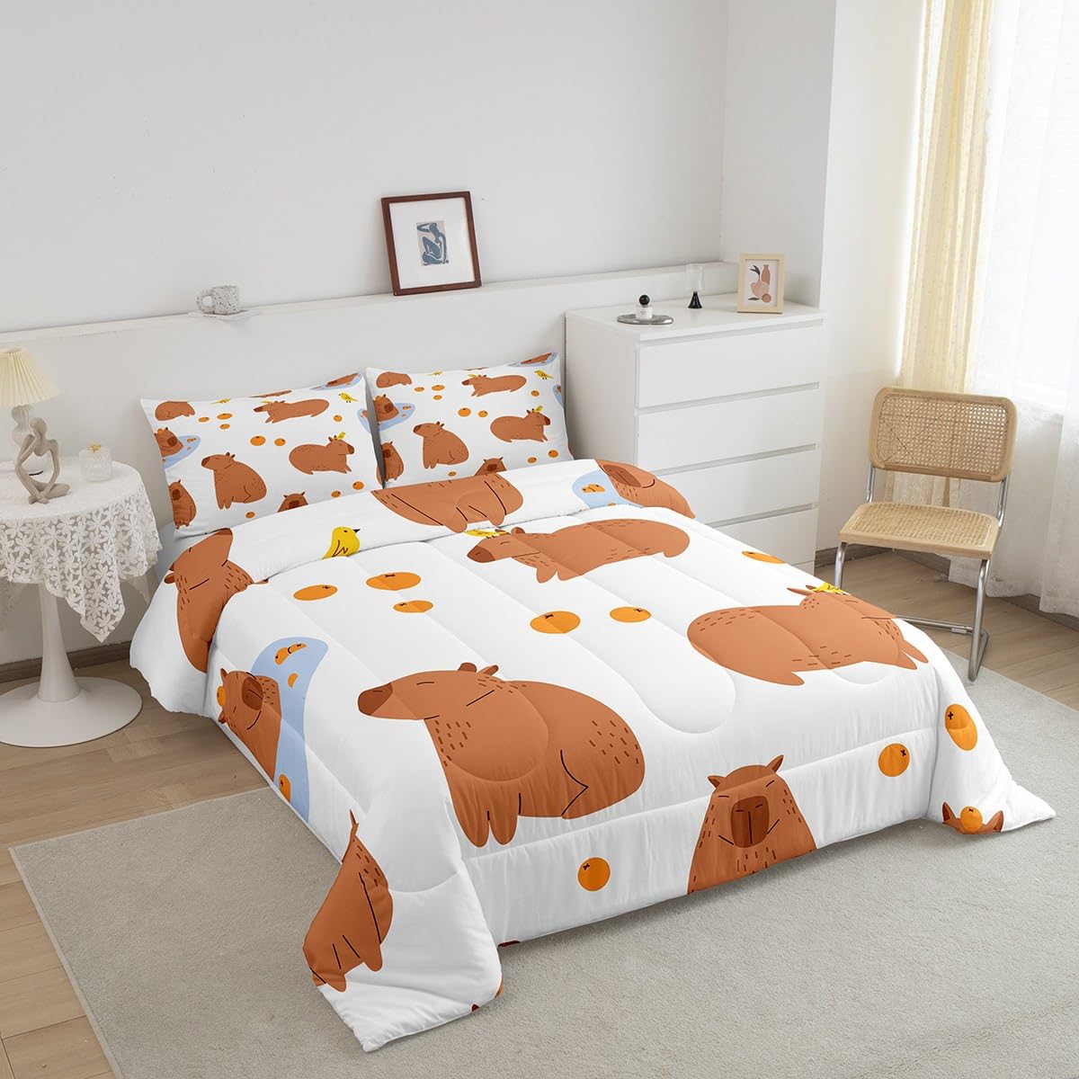 Loussiesd Cartoon Capybara Comforter Set arancione Capybara Comforter Set per bambini divertente carino Capybara Comforter Kawaii Animal Set Trapunta traspirante Set 2 pezzi 135x200cm