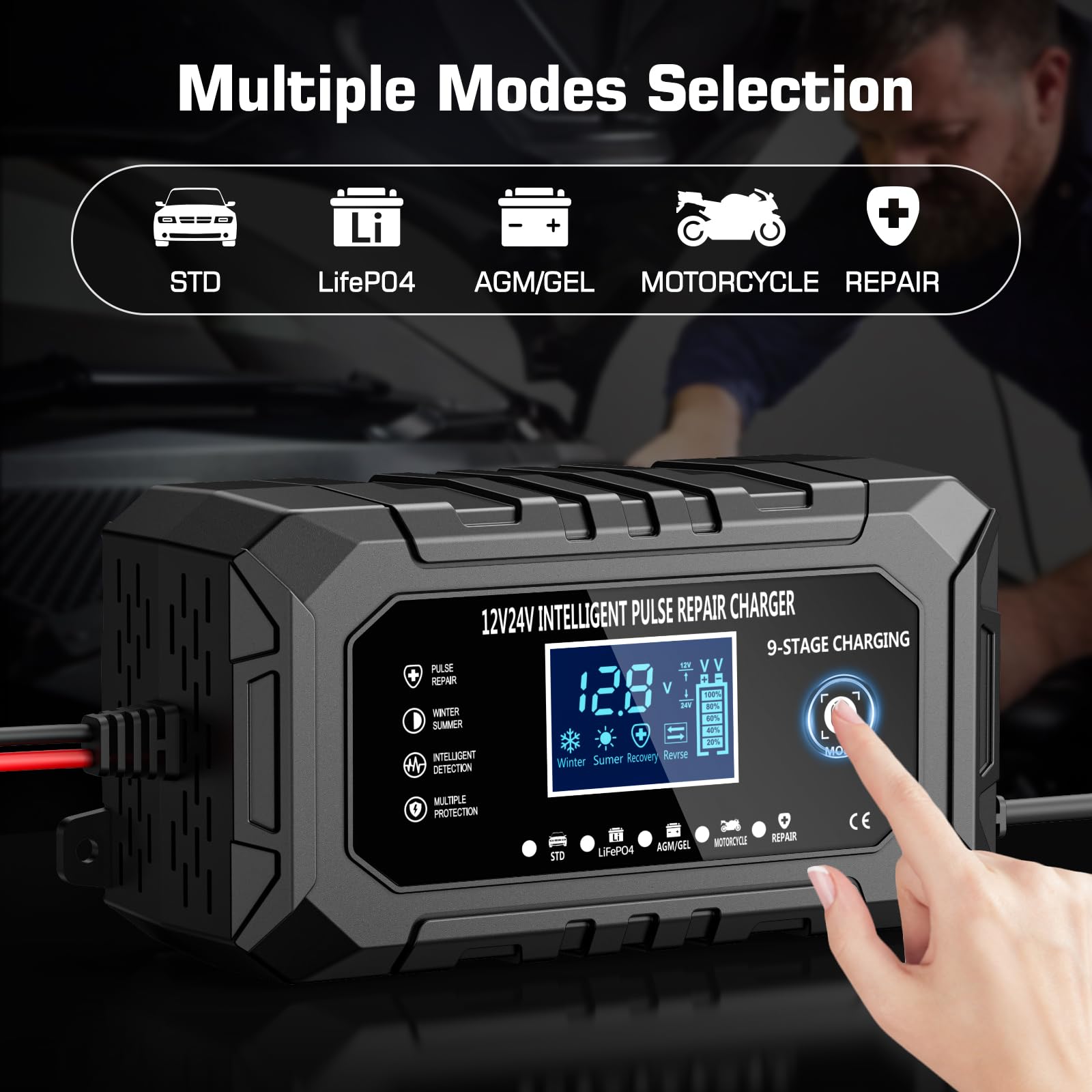 Husgw Ładowarka samochodowa 15A, przenośne ładowanie akumulatora samochodowego LiFePO4 12V/24 V, 9-stopniowa inteligentna ładowarka do konserwacji, wielokrotne zabezpieczenia, odpowiednia do samochodu