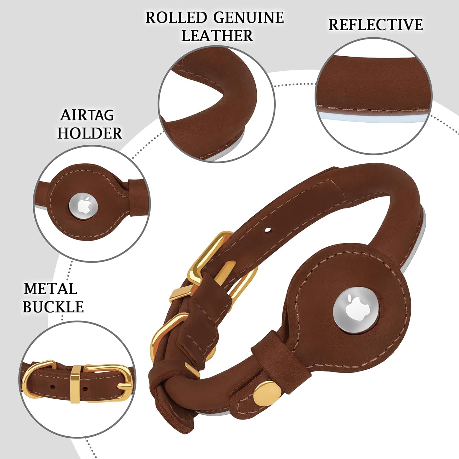 OOPSDOGGY Rolled Leather Dog Collar with Airtag Holder - Reflective Round Airtag Dog Collar - Soft Tracking Pet Collar for Small Dogs Puppy Cats Kitten (Brown, XL, 17"-21")