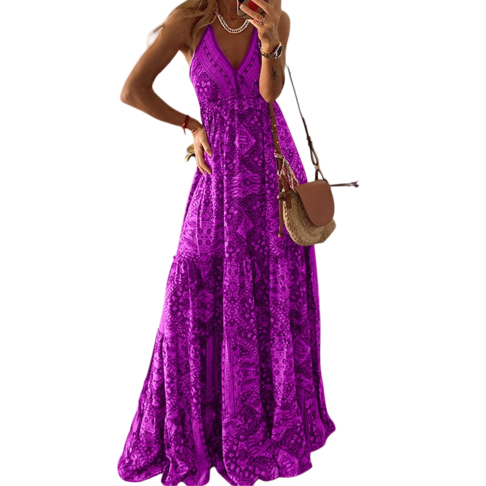 Abito Donna Boho Floral Halter Maxi V Collo A Livelli Lungo Abito, Alta Vita Ruffle Bohemian Abito-Yellow-s