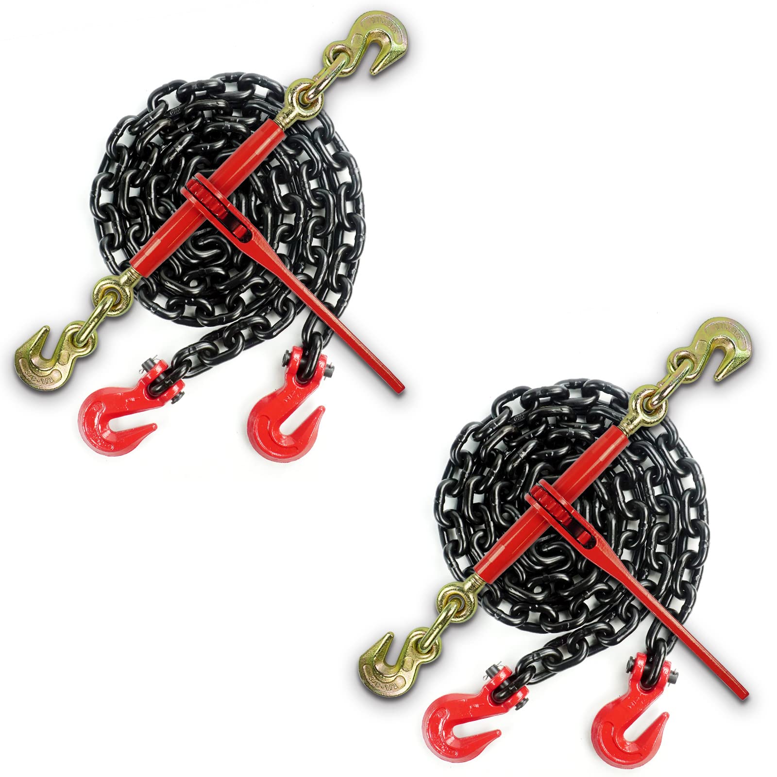 AYMMIC (2 Pack)3/8"-1/2" Ratchet Chain Binder and （2 Pack)3/8"x20FT G80 Binder Chain Kit,Load Binder with 9,200Lbs WLL,Tow Chain with Grappling Hook,Tie Down Heavy Loads to A Truck or Flatbed Trailer