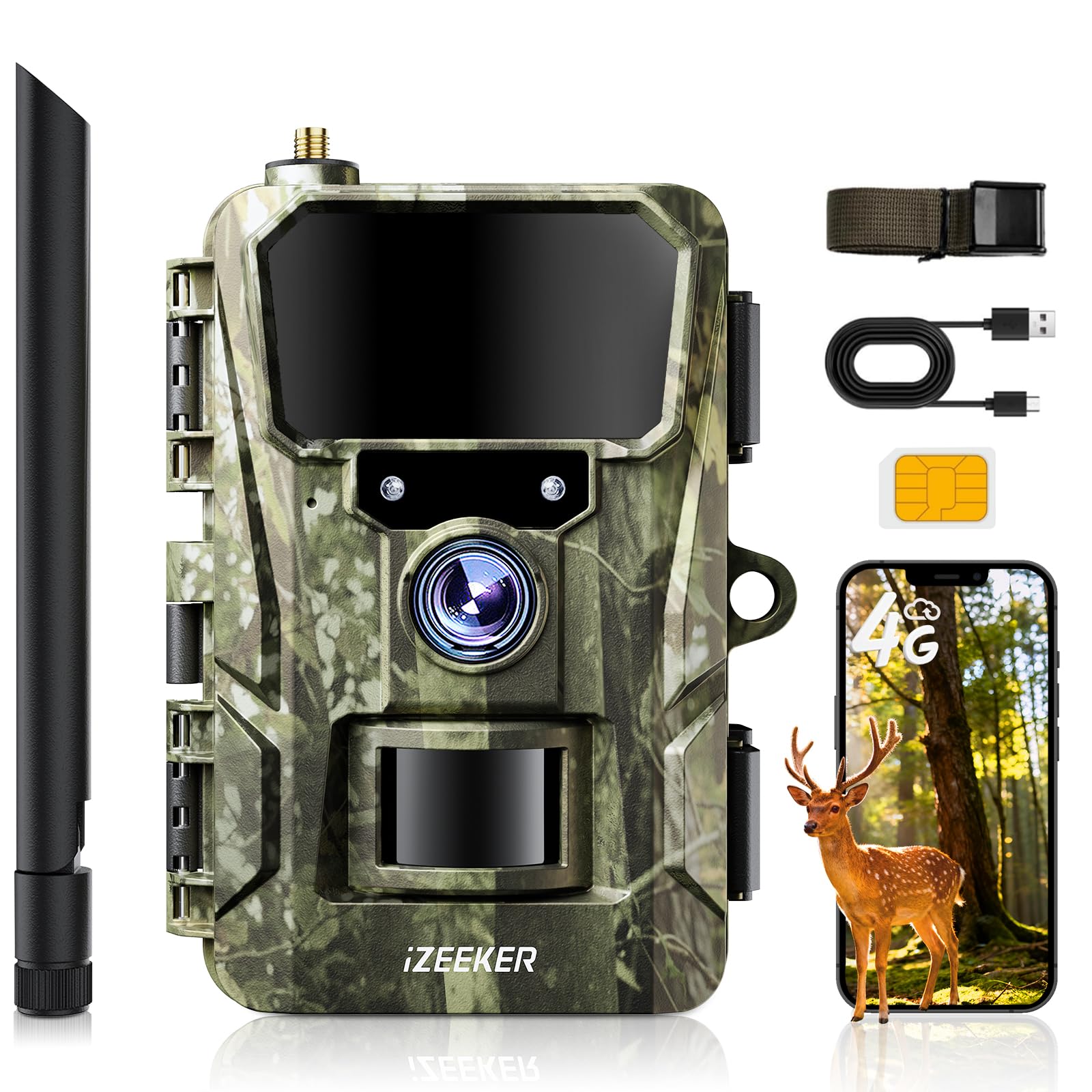 iZEEKER 2 in 1 Fototrappola Cloud 4G & Standard, 2K HD 48MP Fototrappola con Sim Visione Notturna Motion Attivato Senza Wi-Fi Controllo App Time Lapse Registrazione in loop Impermeabile IP66 per Fauna