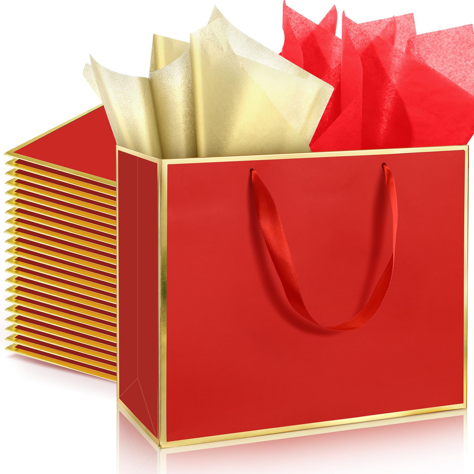 ReliThick 24 Pack Metallic Paper Gift Bag with Handles and Tissue Paper 11.8 x 10 x 4'' Thank You Favor Bag for Wedding Bridesmaid Groomsmen 5 Senses Birthday Gifts (Red Gold)