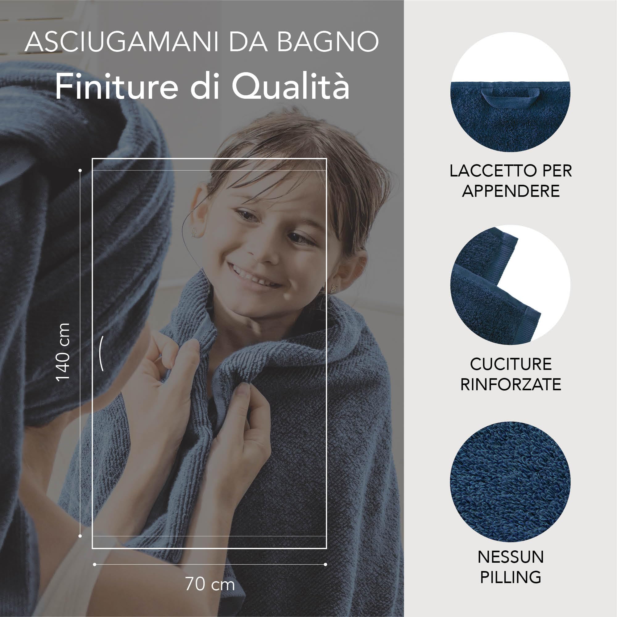 Ôhm Asciugamani Doccia 70x140 cm in Spugna di Cotone 500 g/m² Blu scuro – Telo Doccia Grande Morbido e Assorbente – OEKO TEX Set 2