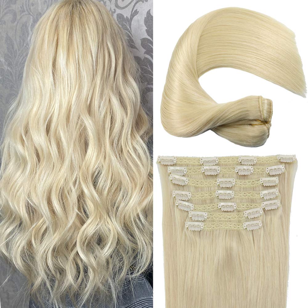 Real Human Remy Hair Lace Clip In Hair Extensions 16inch Finsih at 16.5inch 100g Color Bleach Blonde Double Wefted Thick Ends Silky Soft Long Lifespan Tangle Free Human Hair Extensions 16"-100g Bleach Blonde