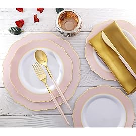 I00000 144Pcs Pink Plastic Silverware, Gold Disposable Flatware with Pink Handle, Gold Plastic Cutlery Set Includes: 48 Forks, 48 Knives and 48 Spoons Perfect for Party & Wedding
