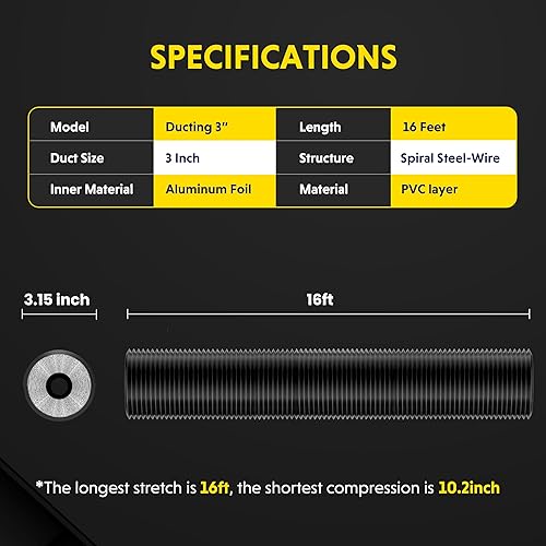 Vista 70 de iPower Manguera de ventilación flexible de 3 pulgadas y 8 pies de conducto de aluminio de 4 capas de protección para secadora para calefacción
