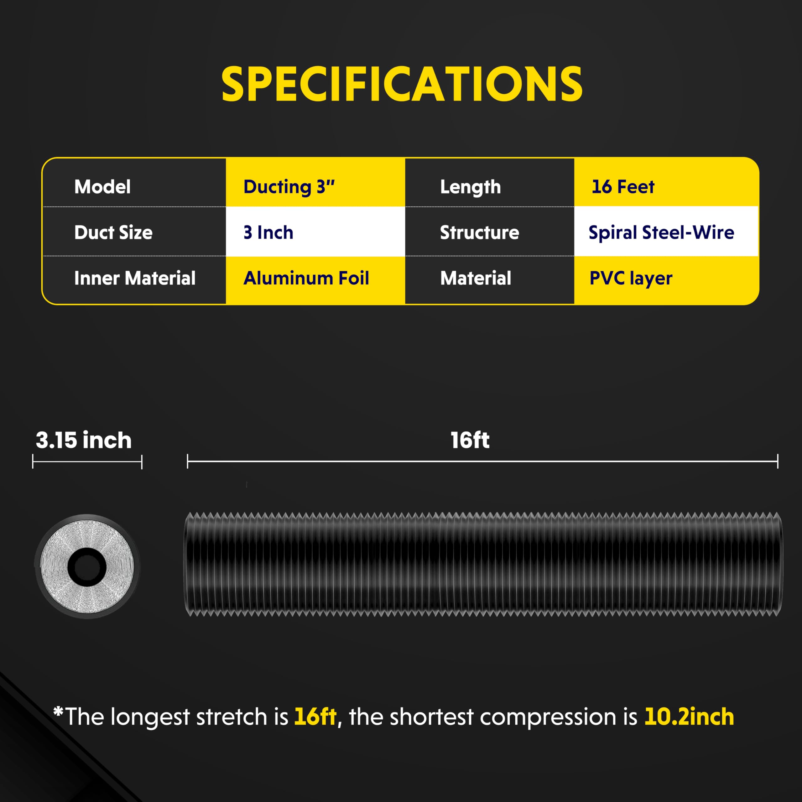 iPower Flexible 3 Inch 16 Feet Aluminum Ducting 4 Layer Protection Dryer Vent Hose for HVAC Heating Cooling Ventilation and Exhaust, 2 Clamps Included, Black