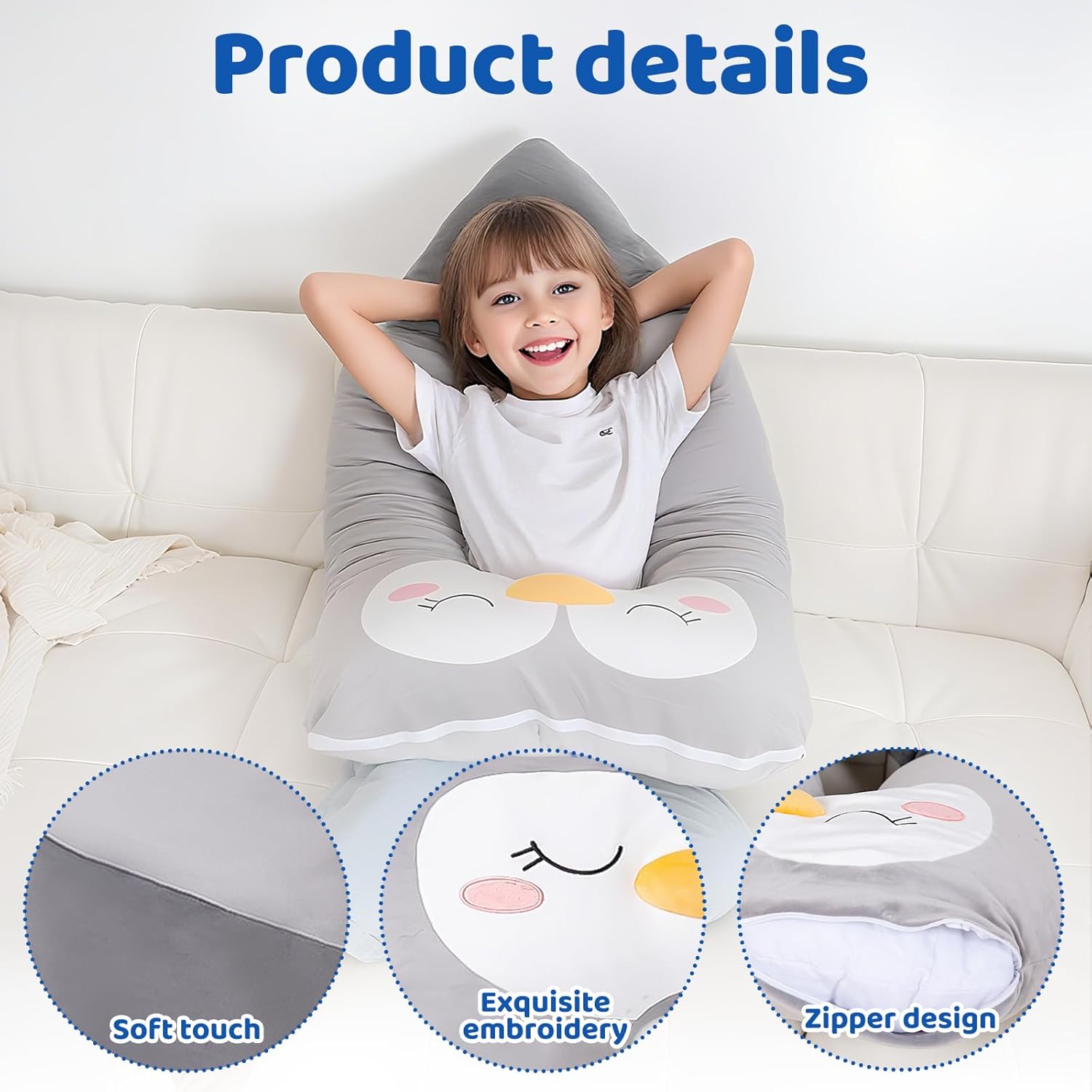 47x23 inch U Shaped Long Plush Body Pillows for Kids, Stuffed Animal Penguin Soft Large Pillow for Sleeping, Big Cute Plushies, Washable Cover, Gift for Boys and Girls - Image 6