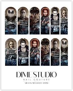 Halloween Nail Decals Horror Villain Mugshot Nail Art Joker Slasher Chucky Jack Skellington Water Transfer Nail Wraps for Acrylic, Gel X, Press On Nail Extensions (40MM Medium)