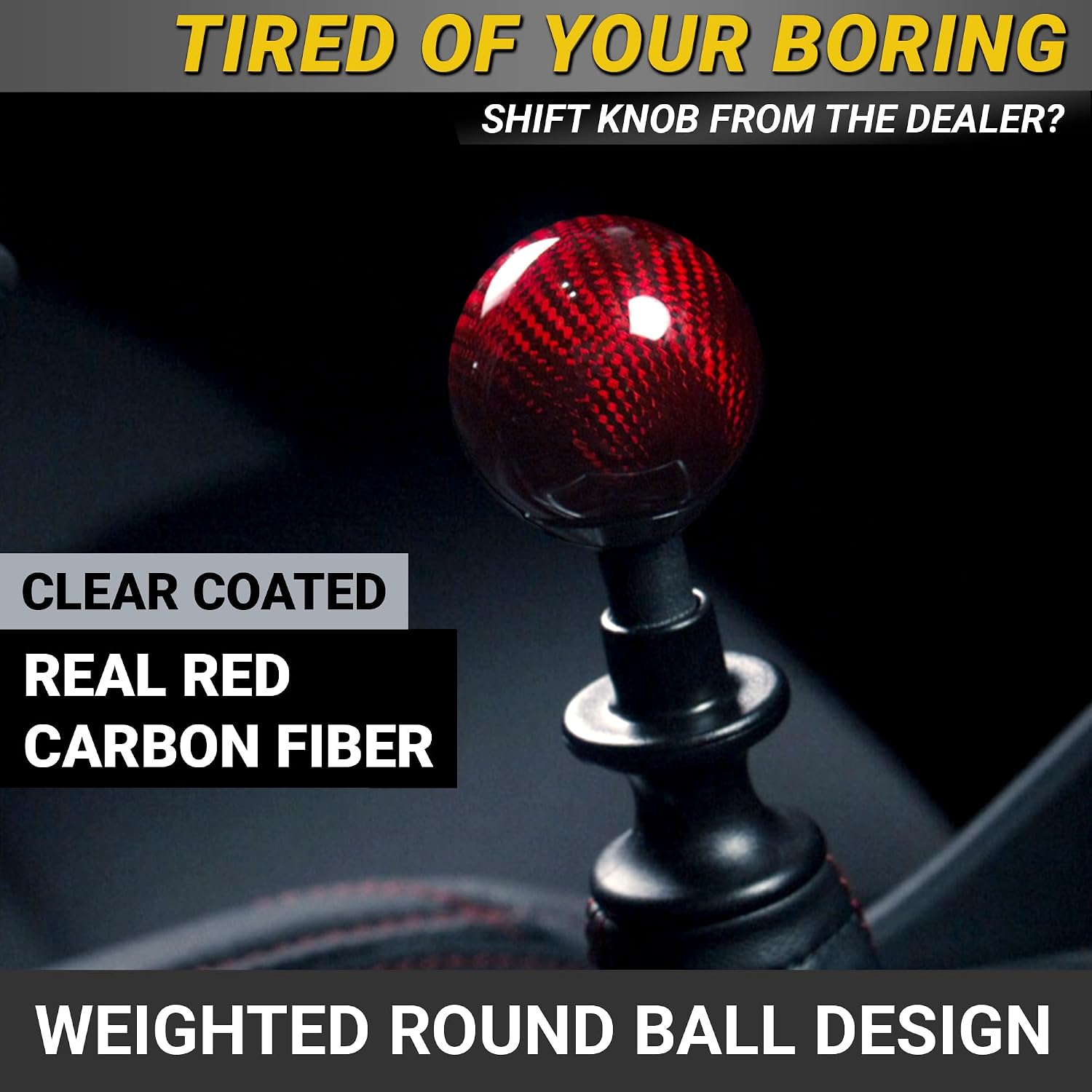 Premium Real Carbon Fiber Red Ball Shift Knob - 3 Metal Threaded Adapters, 4 5 6 Speed Manual & Buttonless Automatic Transmission, Gear Stick Shifter Knobs (M8x1.25, M10x1.25/1.5, Built-In M12x1.25)