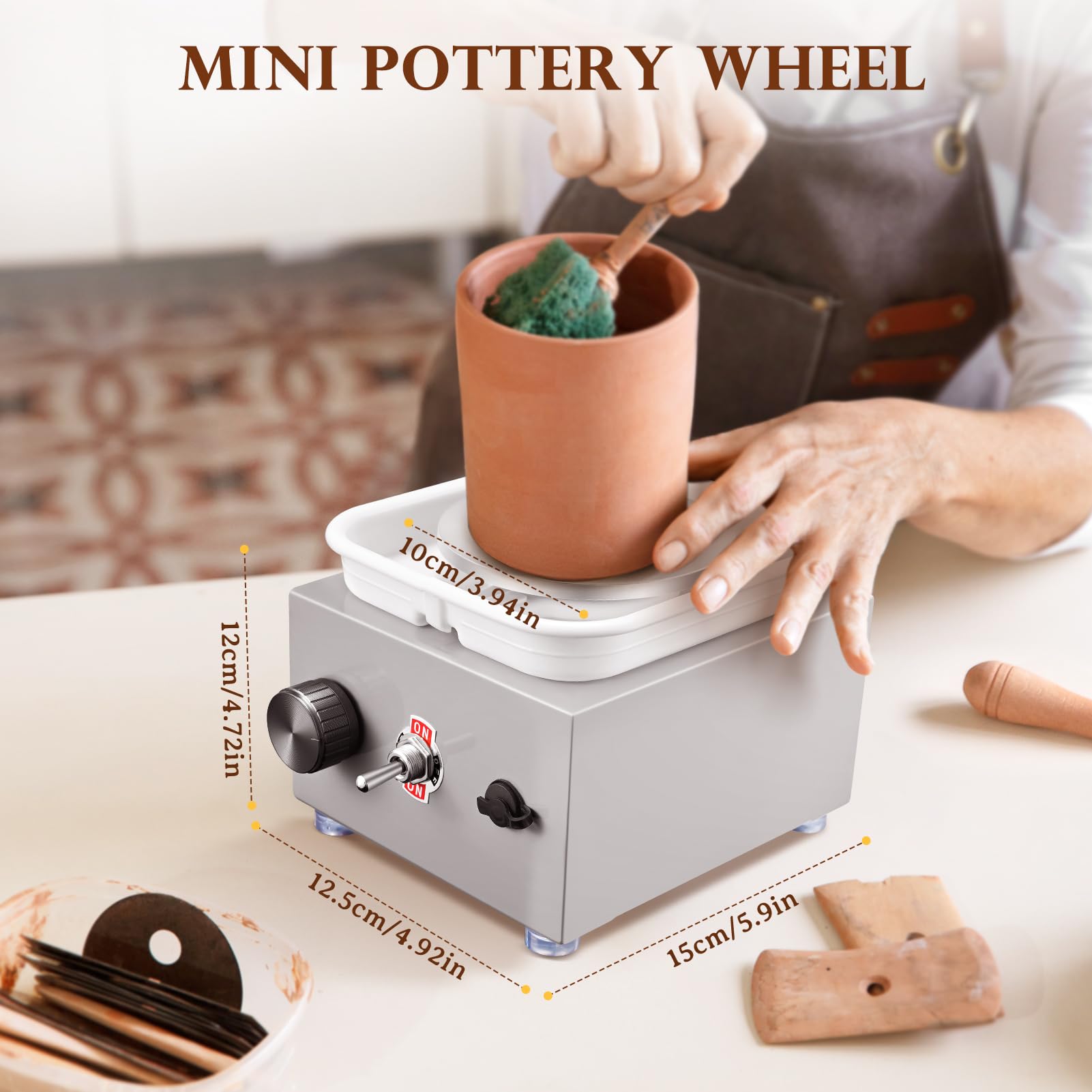 Töpferscheibe, Kooeuru Töpferscheibe Elektrisch 2000 U/min Einstellbare Geschwindigkeit, Pottery Wheel mit 10/6,5 cm Großen Platten, Formwerkzeugen, Töpferscheibe Kinder und Erwachsene (Grau)