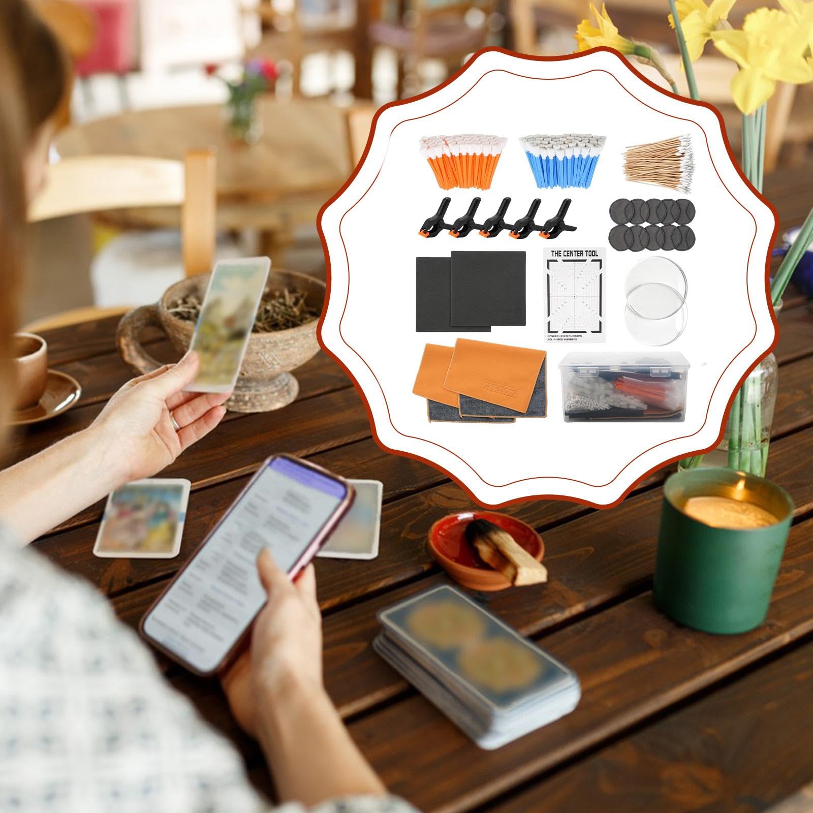 100 Pezzi Kit per La Cura delle Carte Collezionabili con Panno Pulente Accessori di Manutenzione Strumenti di Riparazione Scatola di Conservazione
