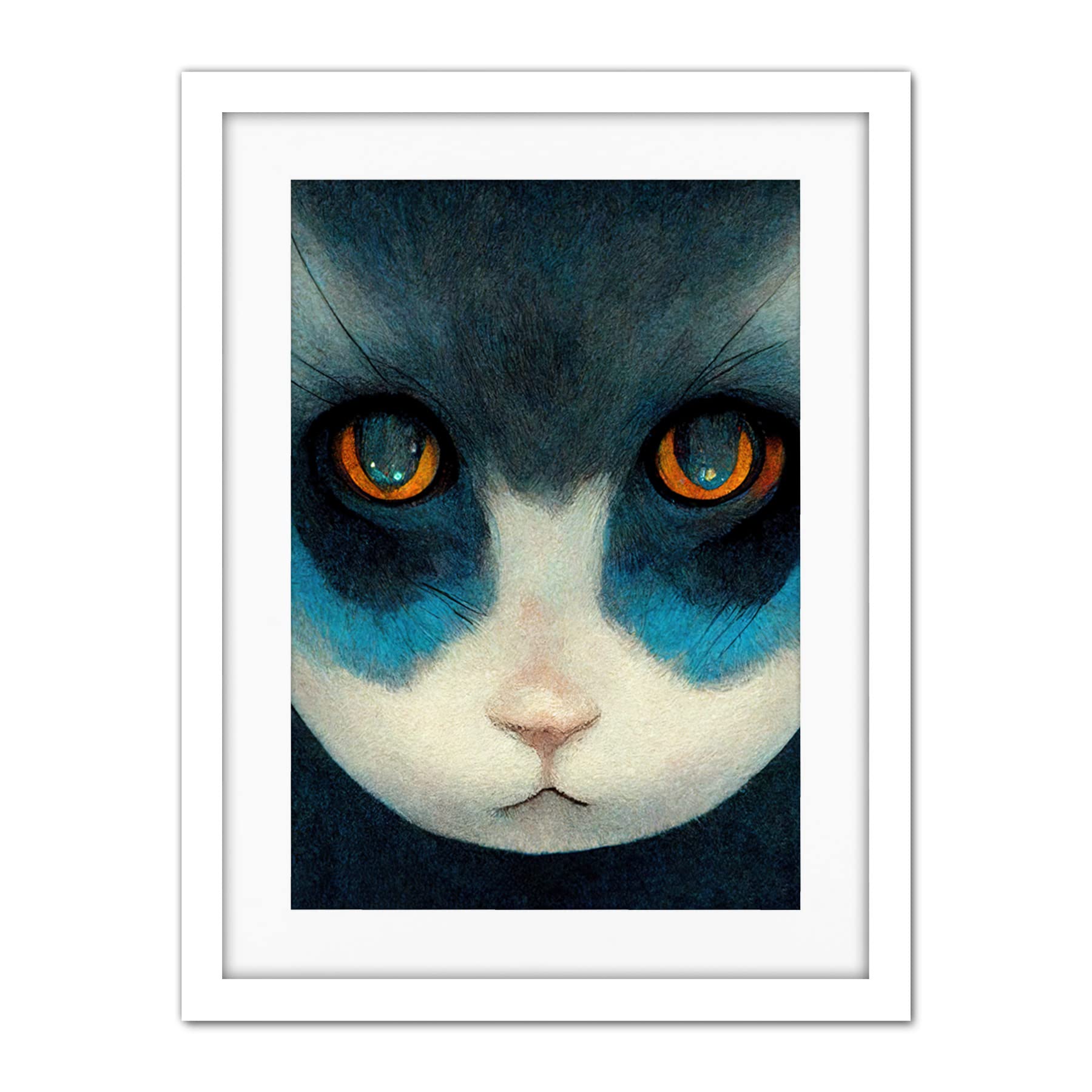 Doppelganger33 LTD Nihonga Style Japanese Cat Blue Artwork Framed Wall Art Print 18X24 Inch