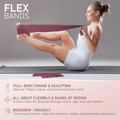 Miniatura 6 de Kit de pilates, 1 anillo mágico con 1 bola de núcleo, 3 bucles resistentes y 2 bandas flexibles, kit esencial de pilates en esterilla