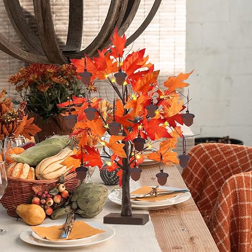 Miniatura 6 de YEAHOME Decoraciones de otoño para el hogar, árbol de hojas de arce de otoño iluminadas de 24 pulgadas  2 pies con luces LED blancas cálidas de 24