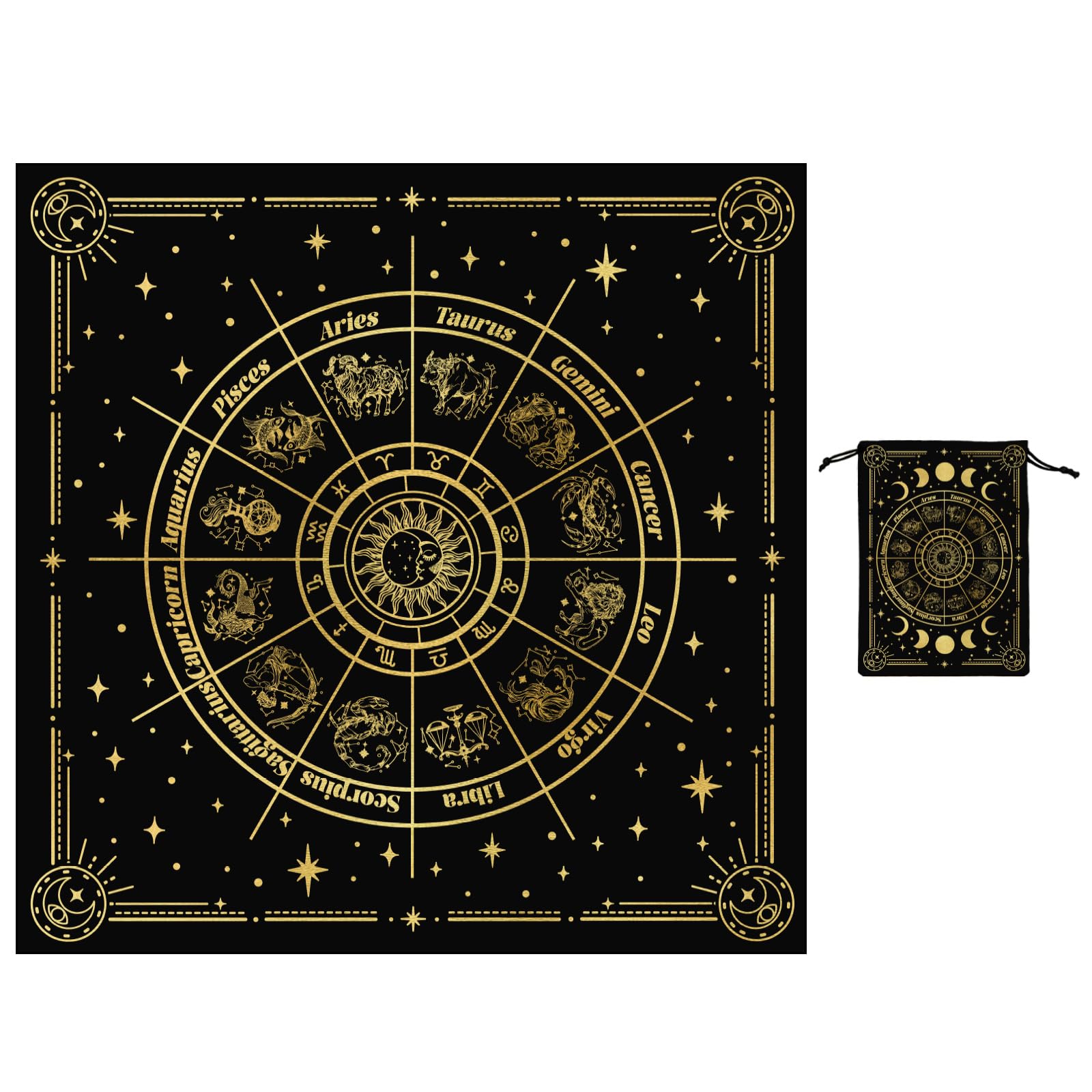 GLOBLELAND Zodiac Tarot Cloth with Tarot Card Storage Bag Signs of the Zodiac Square Velvet Tarots Tablecloth for Divination Wiccan Witchcraft Supplies Tool