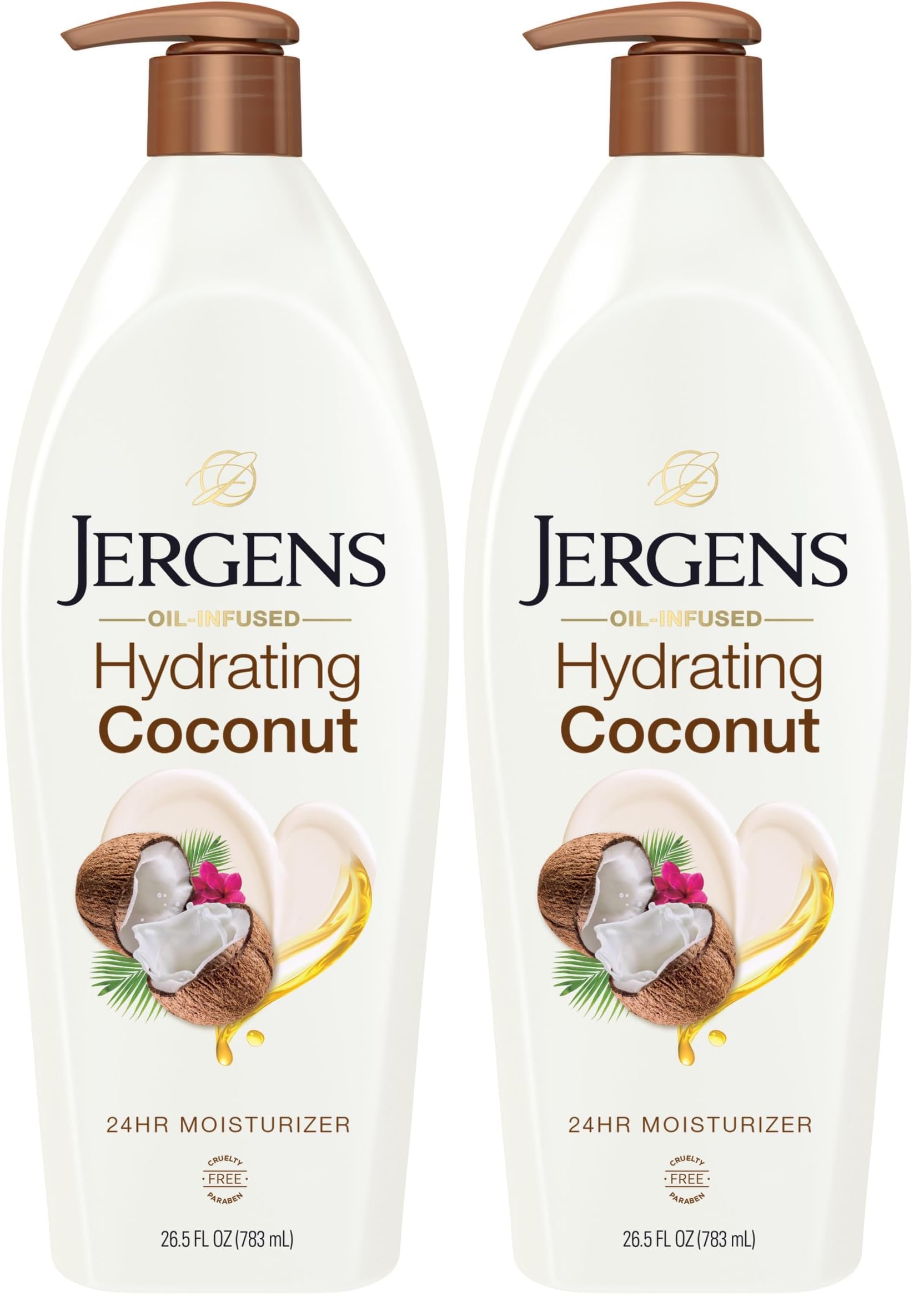 Jergens Hydrating Coconut Body Moisturizer, Infused with Coconut Oil, Dermatologist Tested, Hand and Body Lotion for Dry Skin, 26.5 Oz (Pack of 2)