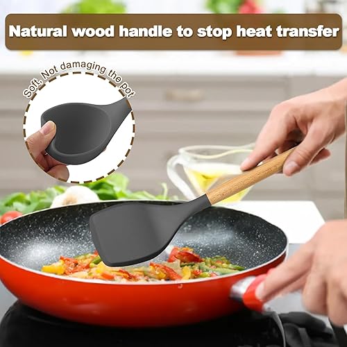 Miniatura 8 de AIKKIL - Juego de utensilios de cocina de silicona, 16 piezas, con soporte, resistencia al calor, mango de madera, juego de utensilios de cocina
