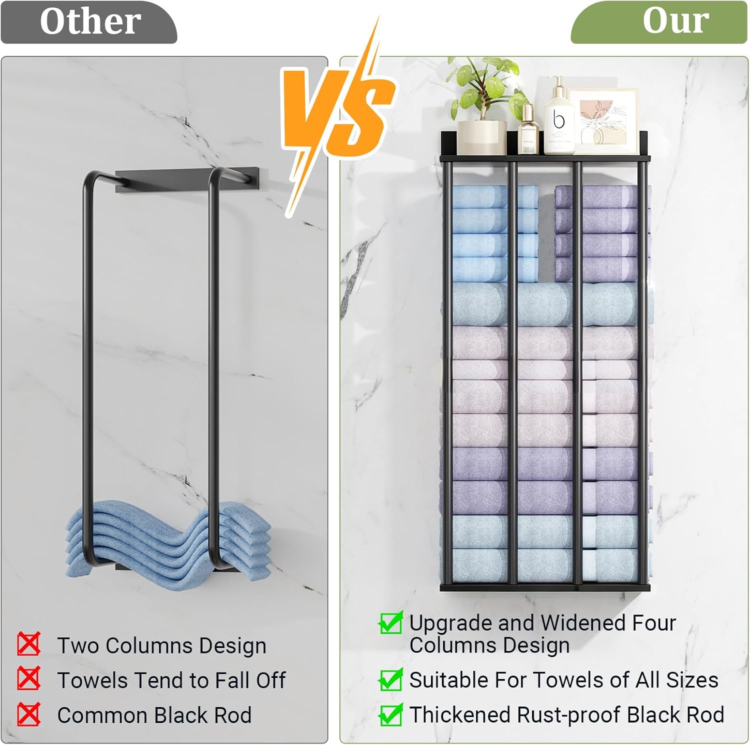 Large Capacity Two-Layer Widened Towel Racks for Bathroom Wall Mounted, Updated 4 Bar Bath Towel Holder for Bathroom, Bath Towel Rack for Wall Mount, Metal Small Bathrooms Towel Storage Rack, Black