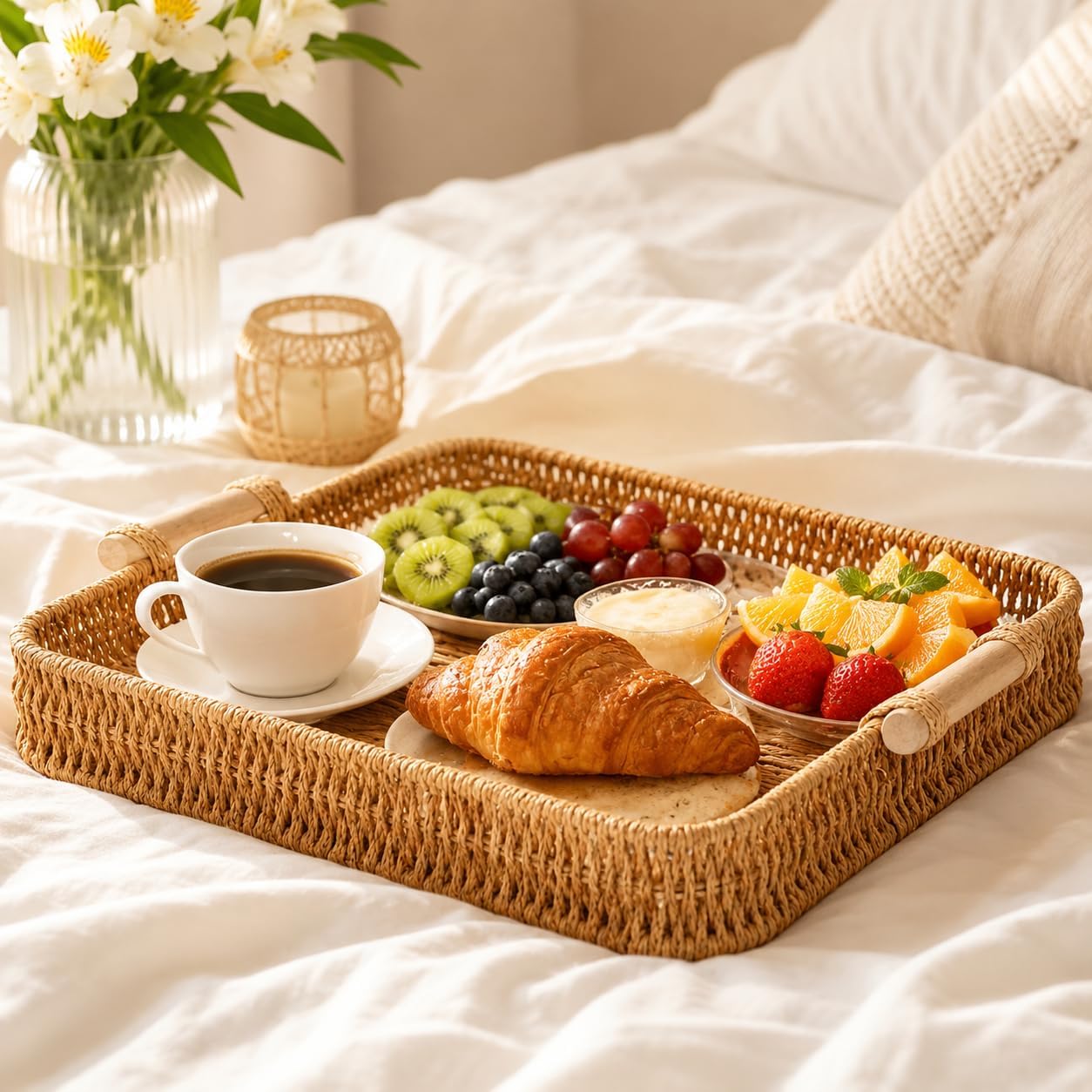 NDOLA Rectangle Handwoven Wicker Tray with Wooden Handles | Rustic Rattan Serving Basket for Breakfast, Coffee Table, Dining Room, Kitchen Counter, Ottoman & Home Organization-image-30