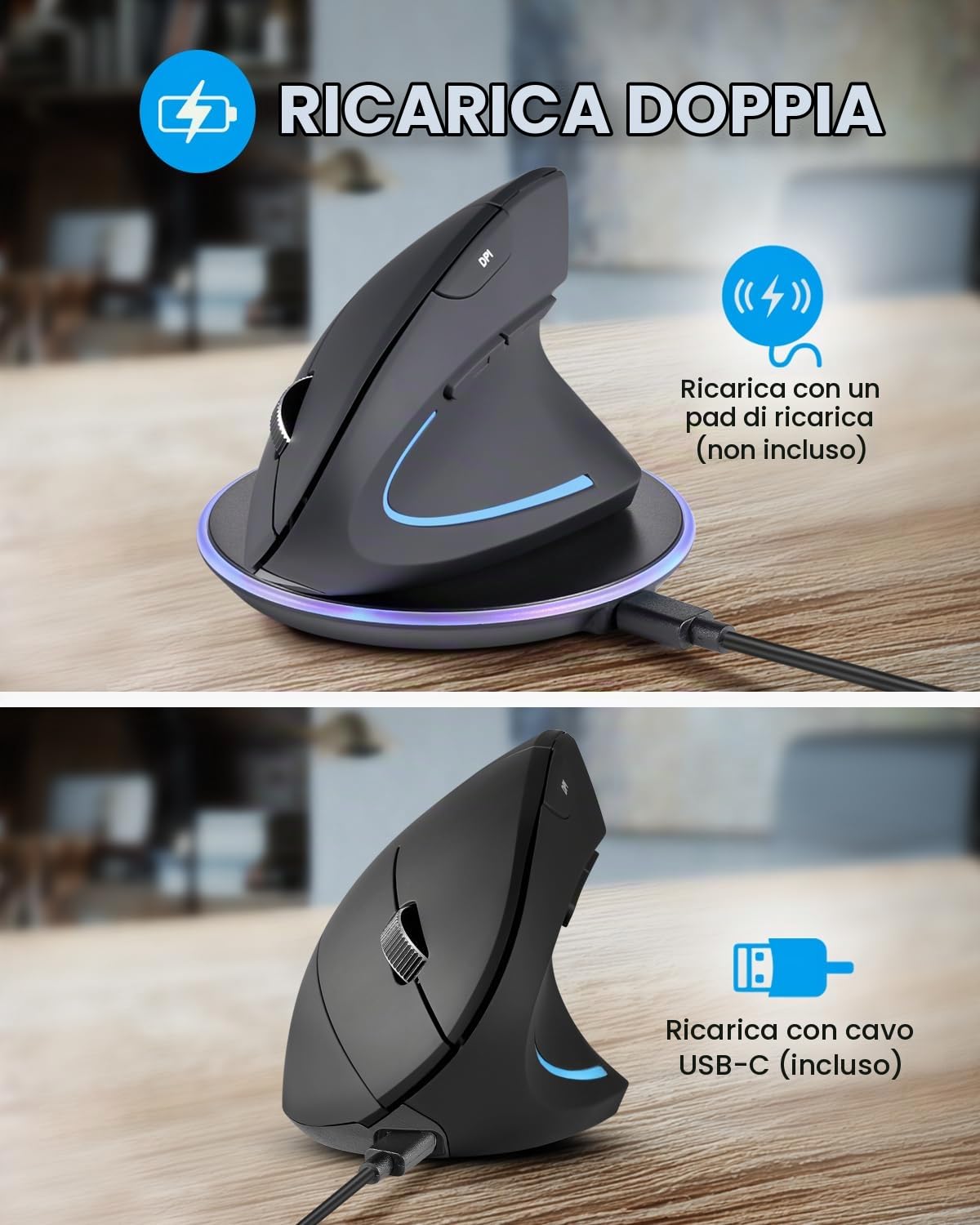 Perixx PERIMICE-813RX Mouse Verticale Ergonomica Senza Fili, Connessione Multi-Dispositivo, Ricaricabile Con Base, DPI Regolabili 1000/1600/2400/3200, Nero