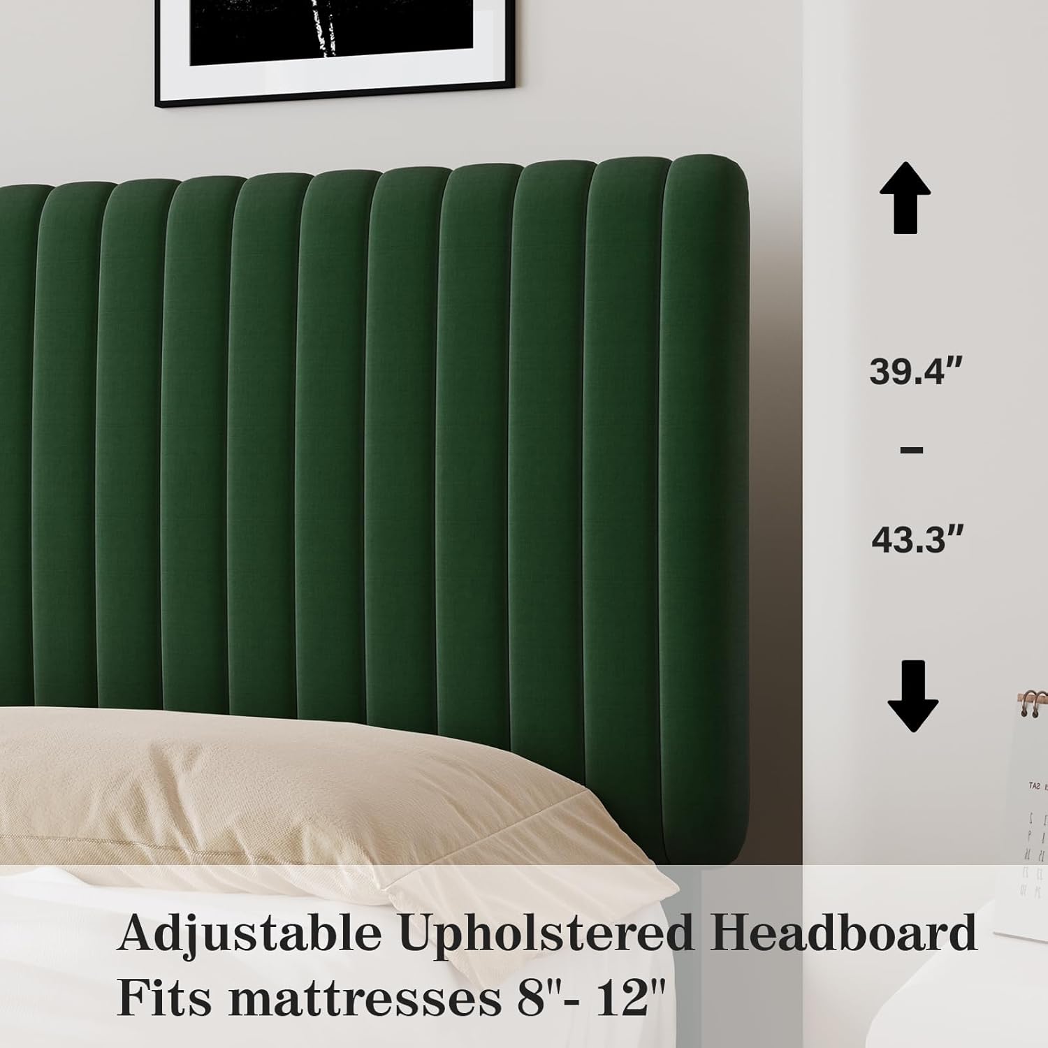 Image showing the adjustable upholstered headboard with measurements indicating it fits mattresses 8 to 12 inches.