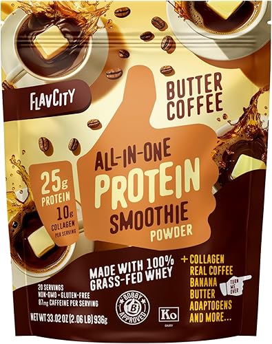 FlavCity Batido de proteína en polvo, café con mantequilla, batido de proteína de suero de leche 100% alimentado con pasto con colágeno y proteína