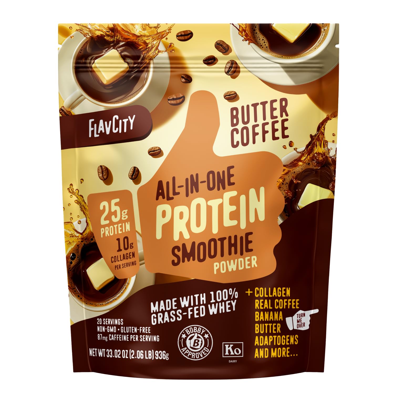 Grass Fed Whey Protein Powder - Butter Coffee - 25g Protein, 10g Collagen & 55mg Caffeine - Made with Organic Reishi & Cordyceps - Gluten Free & No Added Sugars (20 Servings)