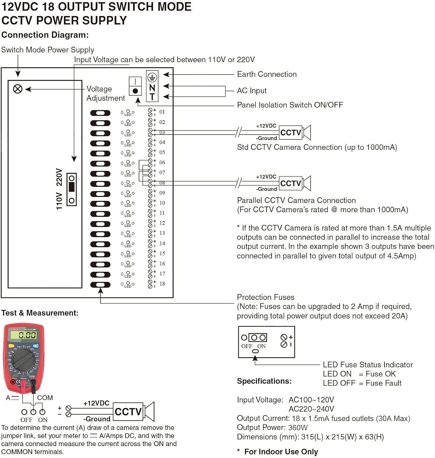 UHPPOTE 18 Channel Power Supply Switch Box CCTV Camera Distribution DC12V 30A Output