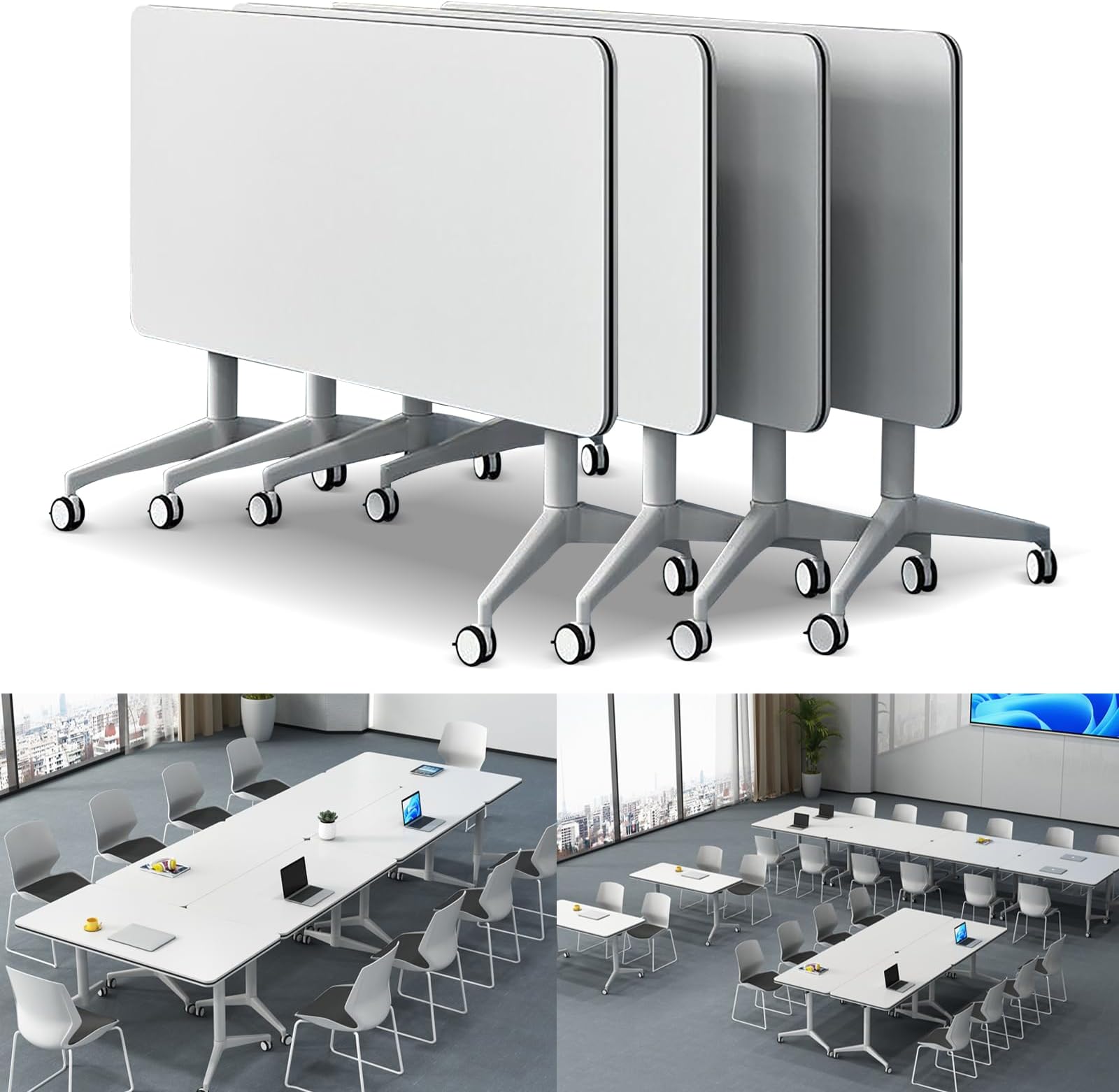Folding Conference Table Modern Large Mobile Meeting Table Rolling Conference Room Tables with Wheels Seminar Tables for Office Training Classroom (4, White, 70.9" D X 23.6" W X 29.5" H)
