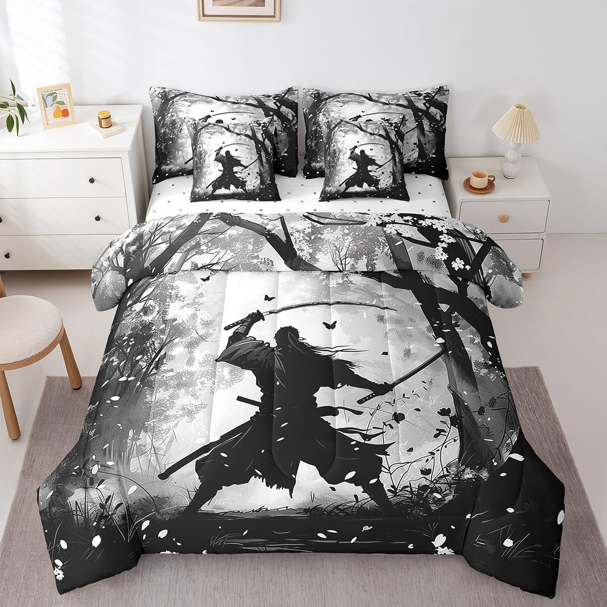 Samurai Print Bedding Comforter Sets 7pcs Black and Grey Bed in a Bag, Japanese Style Queen Bedding Sets Oriental Asian Karate Kungfu Comforter Set for Boys Men, Eastern Culture Bedding Sets
