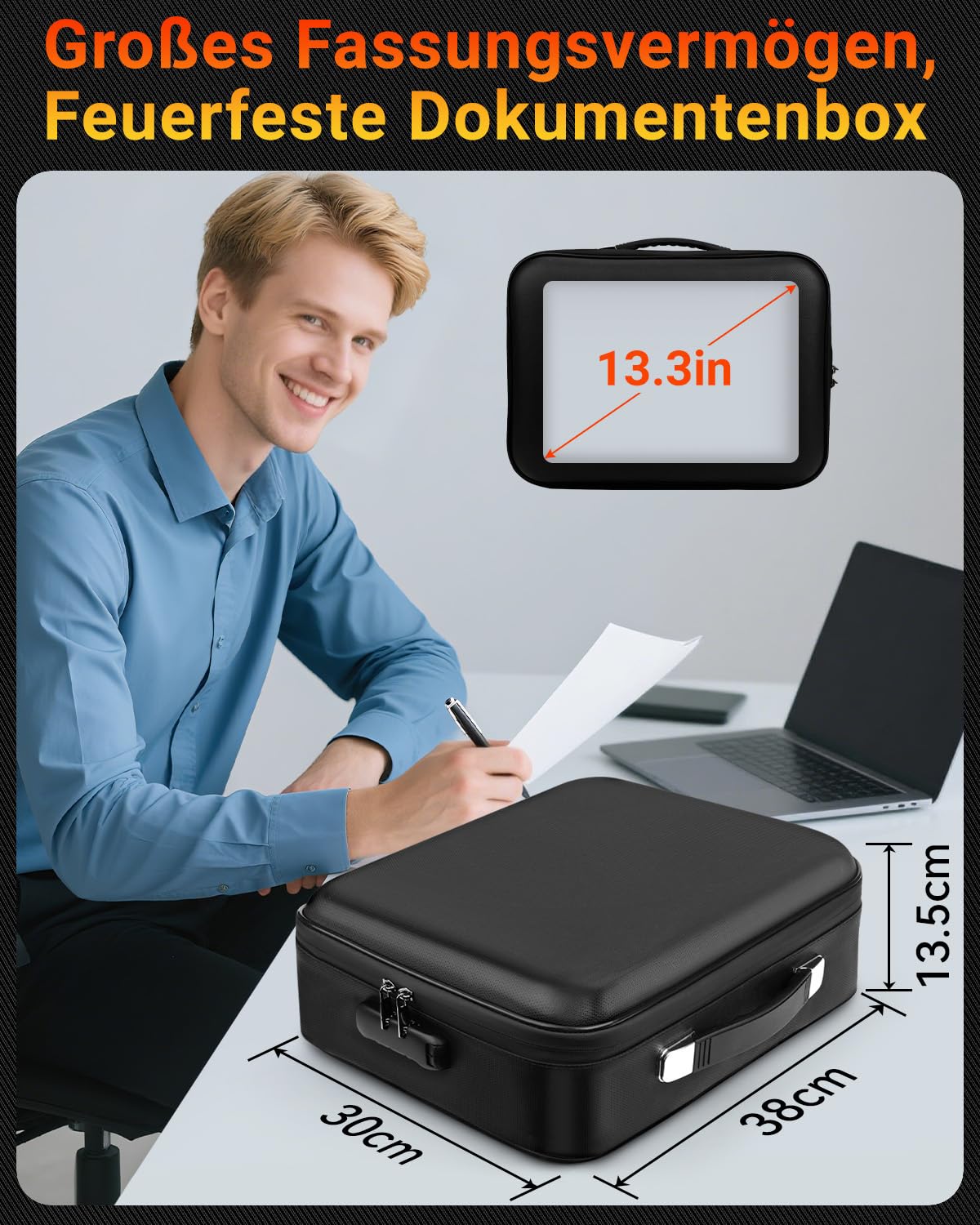 Boîte à documents ignifuge – Organisateur de documents rigides avec serrure à combinaison et 13 compartiments, portable, imperméable, ignifuge, pour fichiers A4, certificats, ordinateur portable et