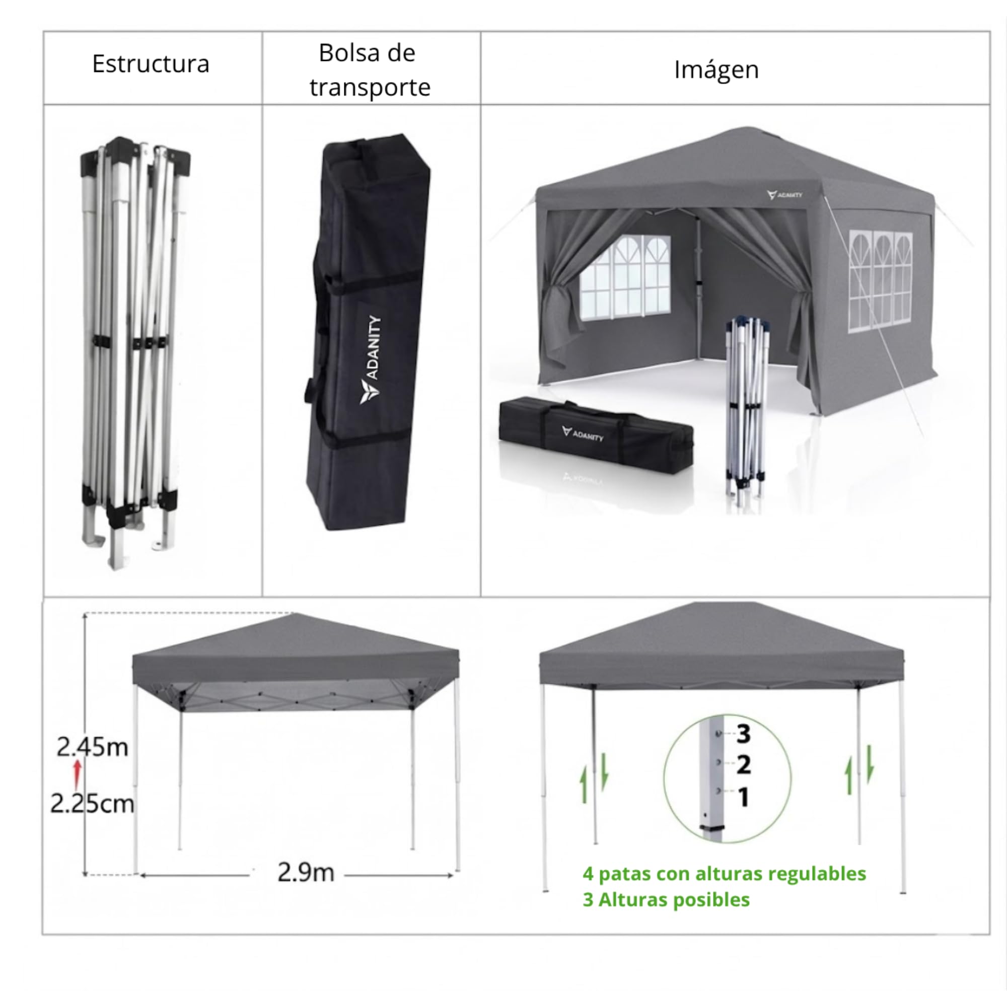 Lot de 2 tonnelles Pliantes 3 x 3 m Grises – 4 parois avec fenêtres et Porte, Toile Oxford 210D imperméable et Anti-UV, Structure en Acier – Sac et kit de Fixation Inclus