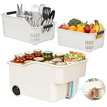 3 Pack Plastic Kitchen Storage Bins, PP Small Storage with Handles & Wheels for High Cabinets, Baskets with Quick Drainage & Ventilation for Fruits & Veggies. For Kitchen, Playroom & Bathroom